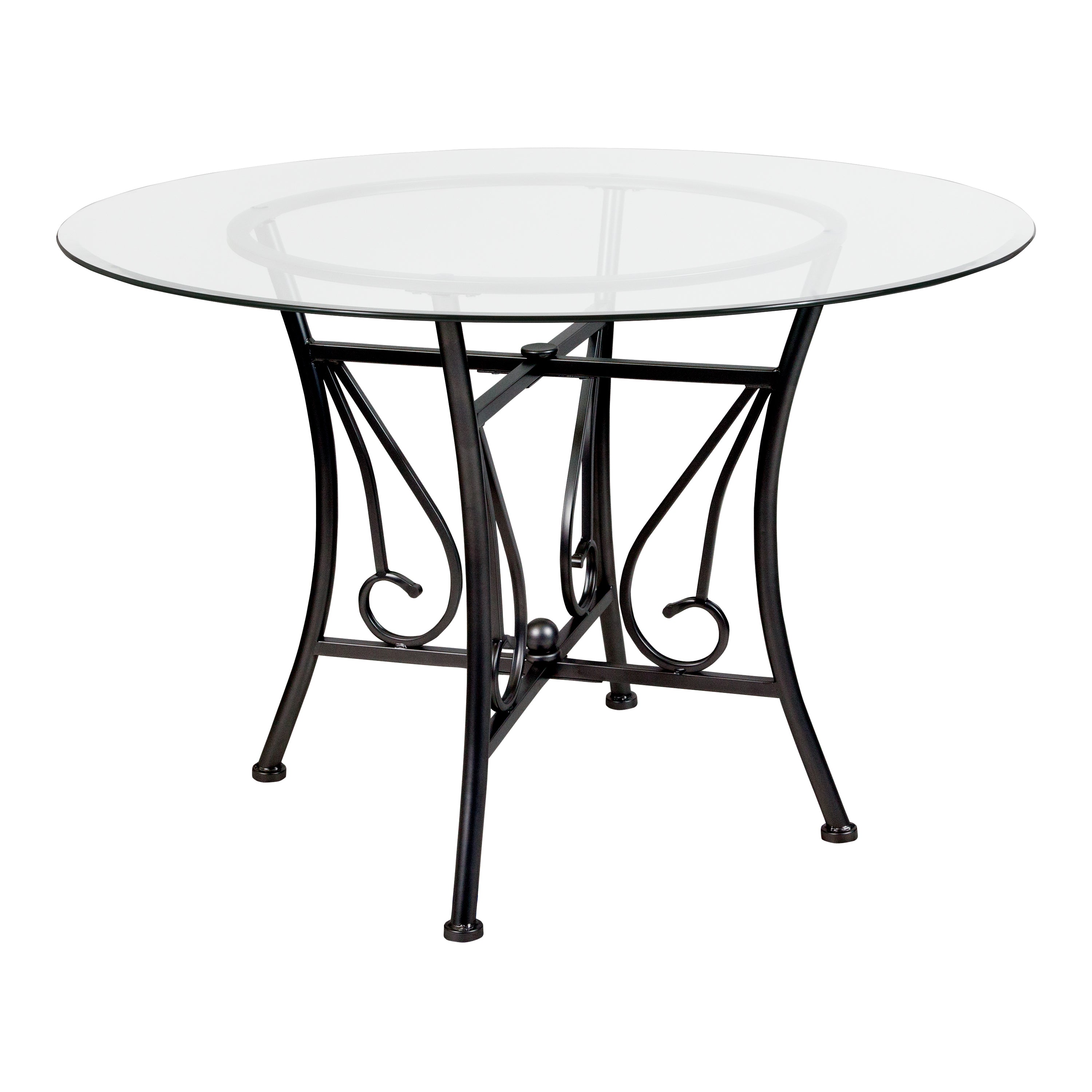 Princeton 45'' Round Glass Dining Table with Curl Accent Matte Metal Frame-Dining Table-Flash Furniture-Wall2Wall Furnishings
