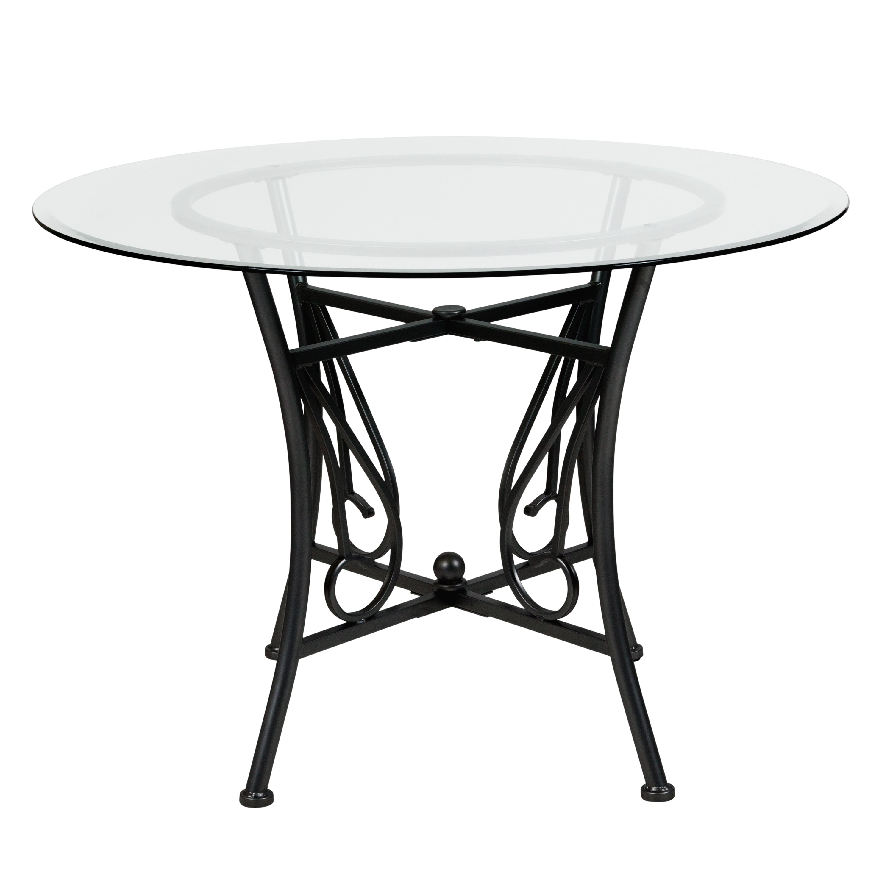 Princeton 42'' Round Glass Dining Table with Curl Accent Matte Metal Frame-Dining Table-Flash Furniture-Wall2Wall Furnishings