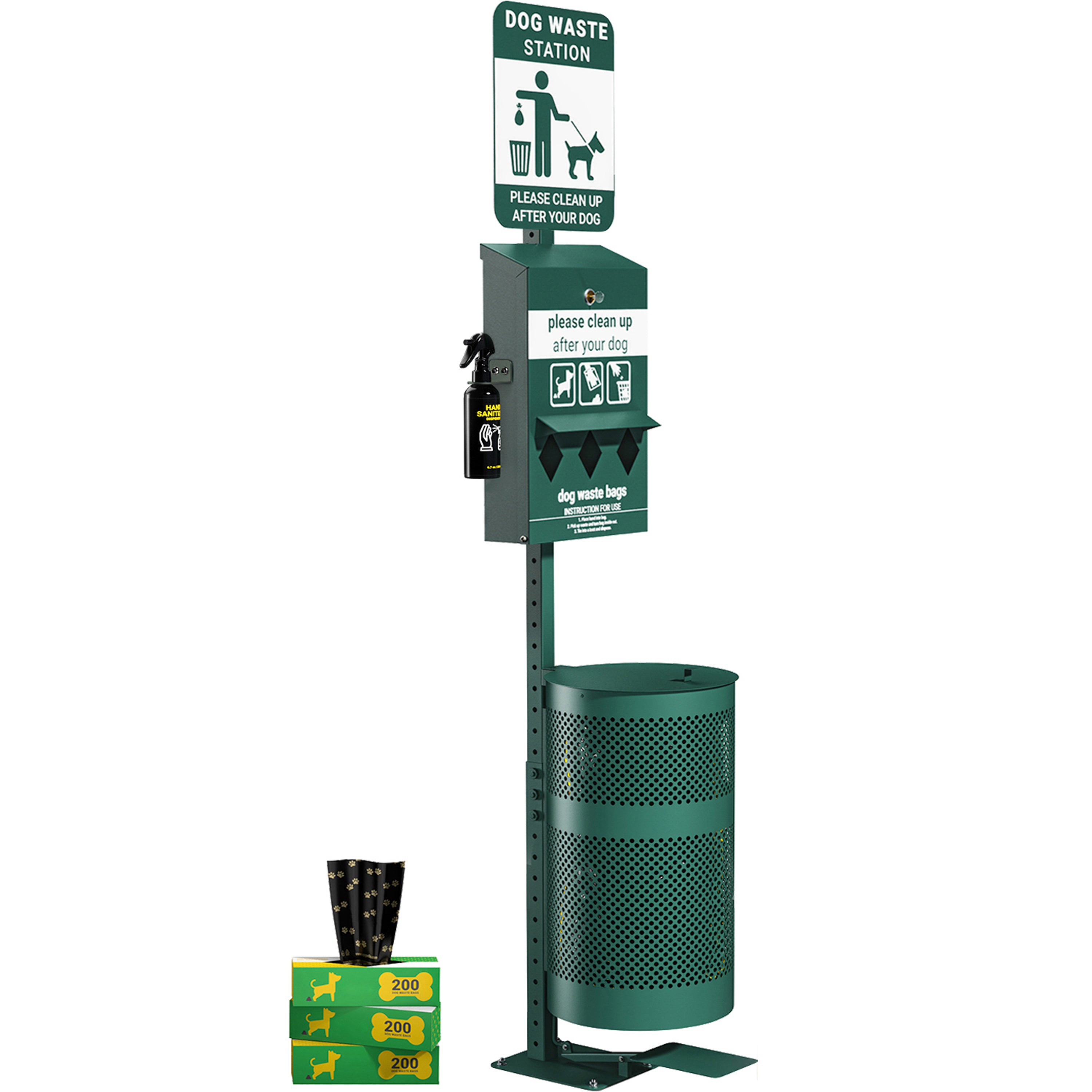 Kessler Pet Waste Station with Glow in the Dark Sign, Bag Dispenser, Hand Sanitizer & Pedal Trash Can - Includes 600 Waste Bags & 50 Can Liners-Dog Waste Station-Flash Furniture-Wall2Wall Furnishings