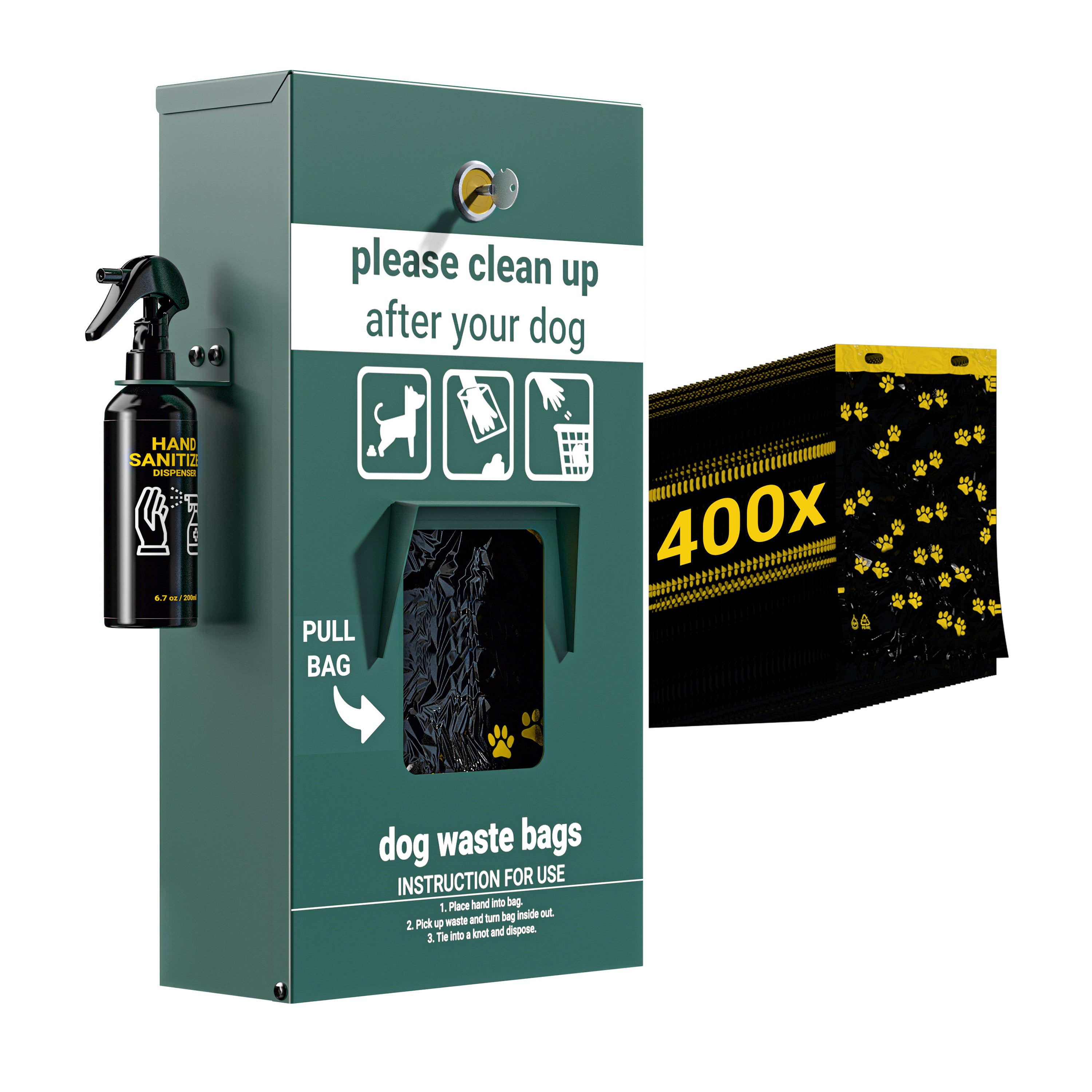 Kessler Locking Dog Waste Bag Dispenser with Glow in the Dark Sign, Hand Sanitizer Bottle and Rain Guard - 400 Pull Out Header Bags Included-Dog Waste Station-Flash Furniture-Wall2Wall Furnishings