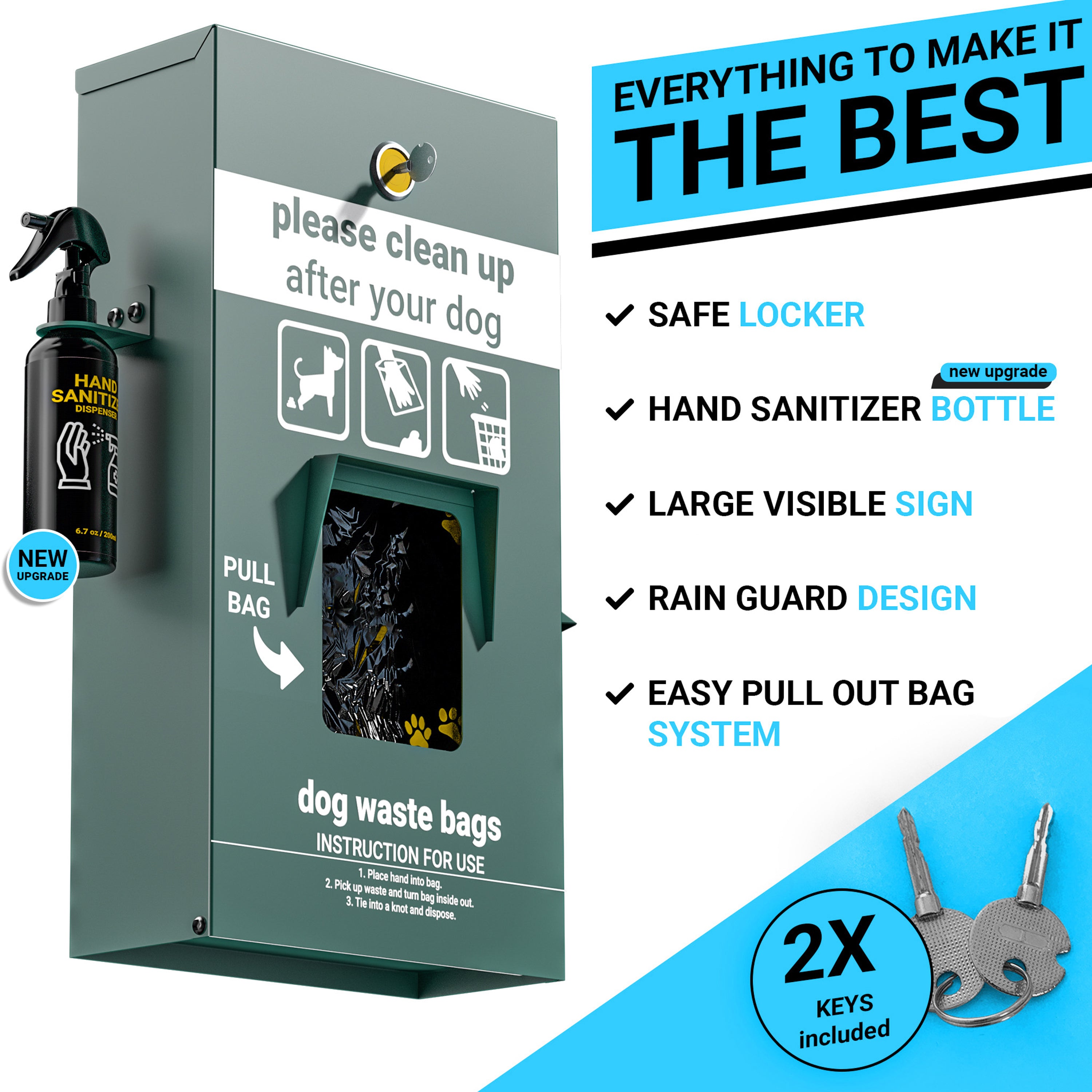 Kessler Locking Dog Waste Bag Dispenser with Glow in the Dark Sign, Hand Sanitizer Bottle and Rain Guard - 400 Pull Out Header Bags Included-Dog Waste Station-Flash Furniture-Wall2Wall Furnishings