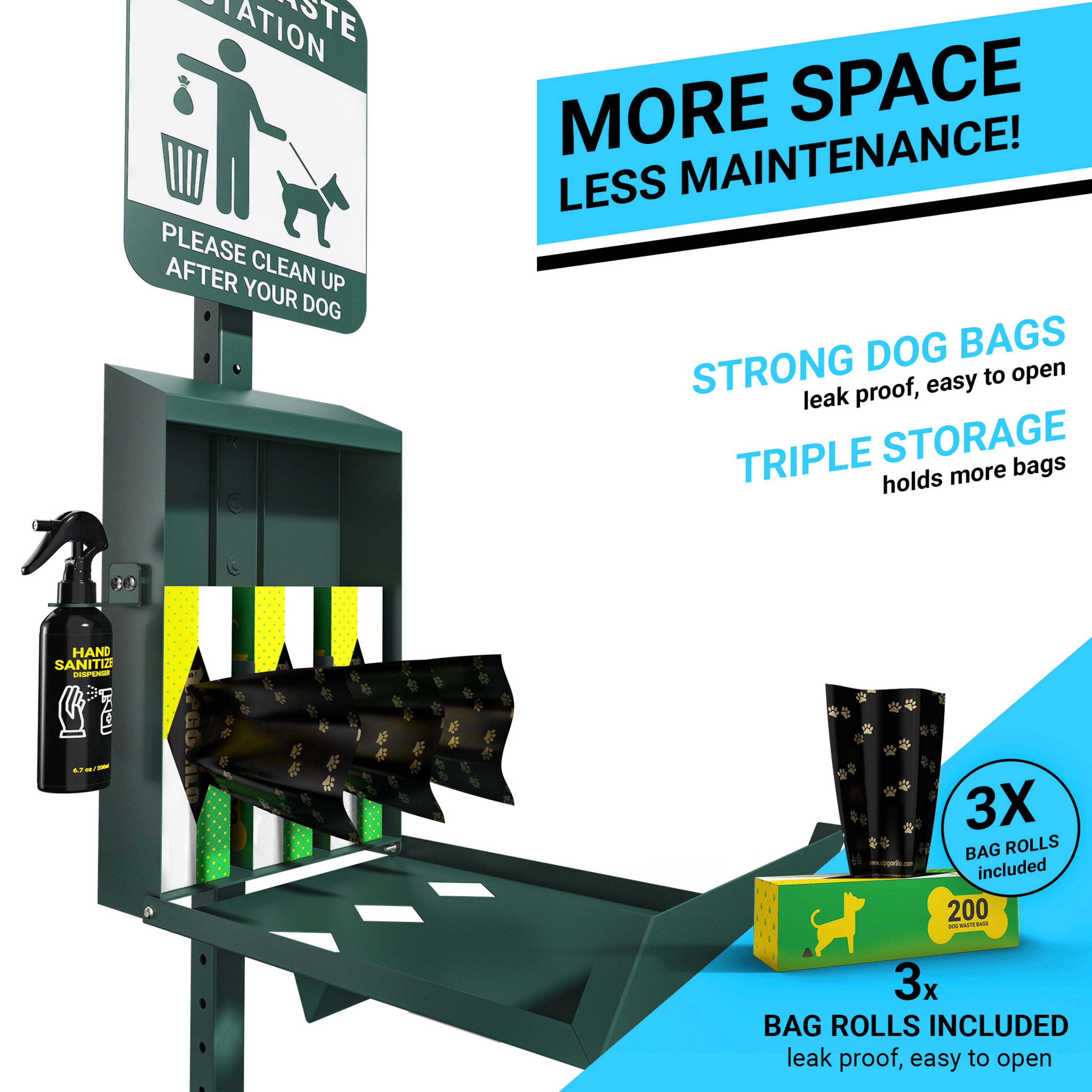 Kessler Mini Pet Waste Station with Glow in the Dark Signage, Triple Storage Waste Bag Dispenser, and Hand Sanitizer Bottle - 600 Waste Bags Included-Dog Waste Station-Flash Furniture-Wall2Wall Furnishings