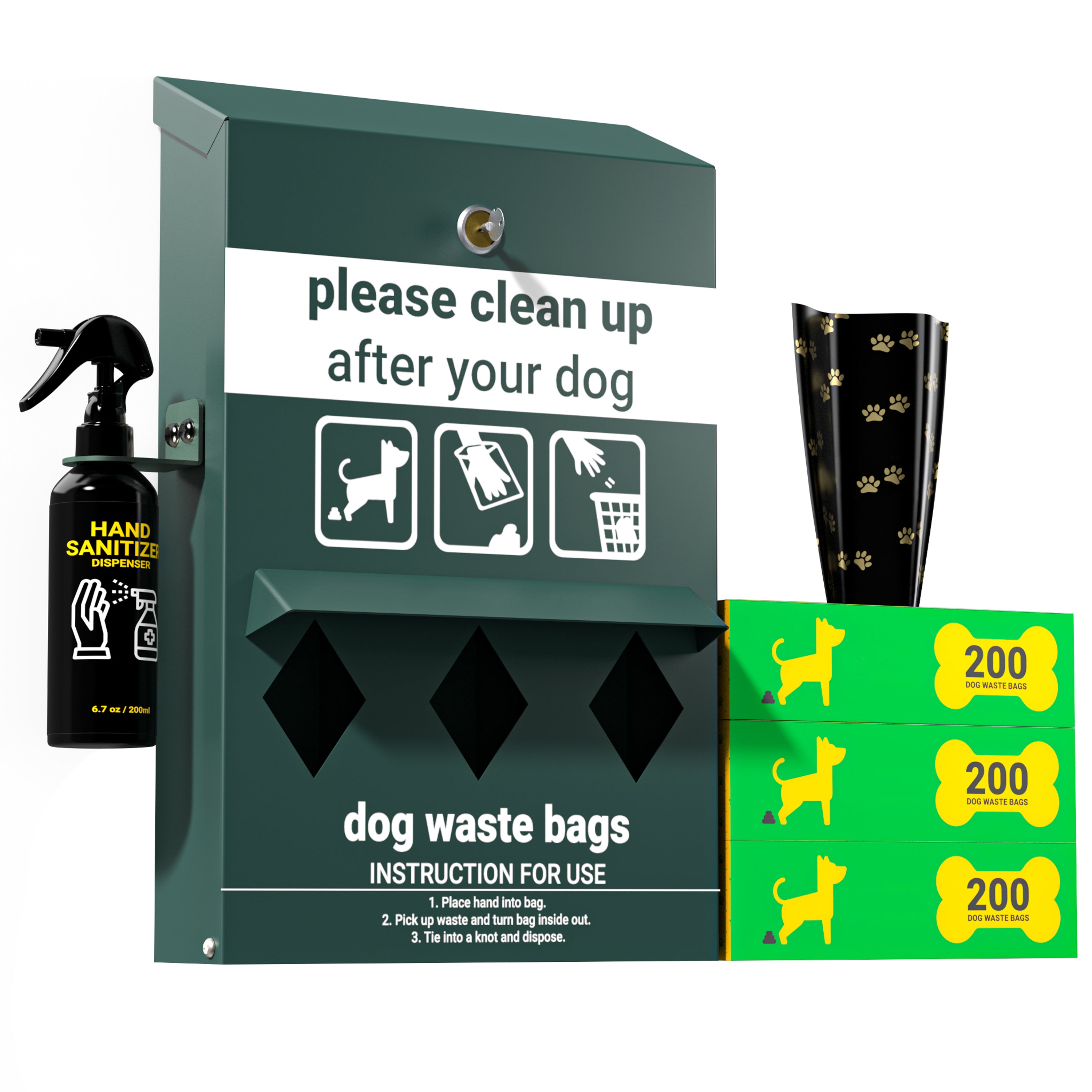Kessler Locking Dog Waste Bag Dispenser with Glow in the Dark Sign, Hand Sanitizer Bottle and Rain Guard - 600 Roll Bags Included-Dog Waste Station-Flash Furniture-Wall2Wall Furnishings