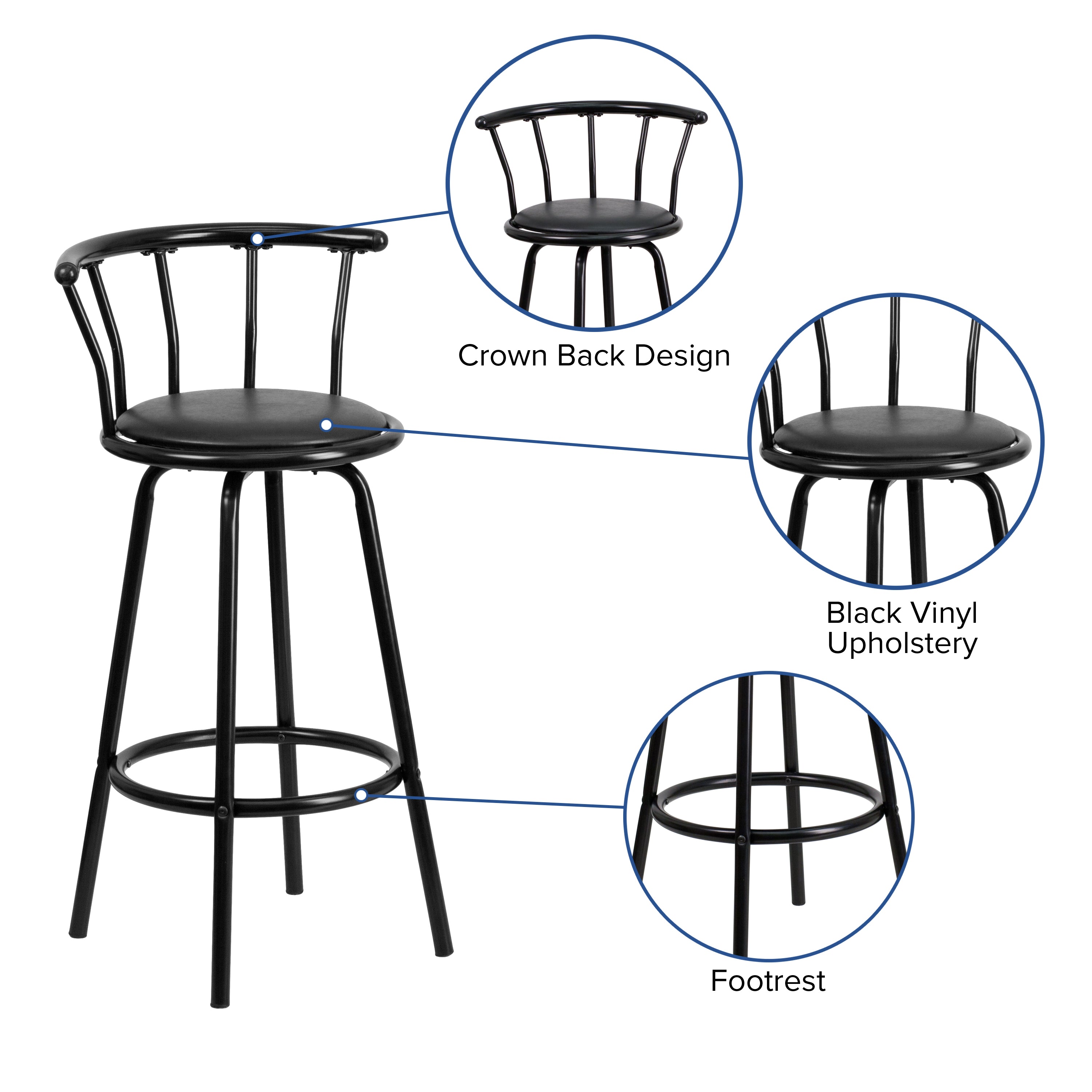 Crown Back Metal Barstool with Vinyl Swivel Seat
