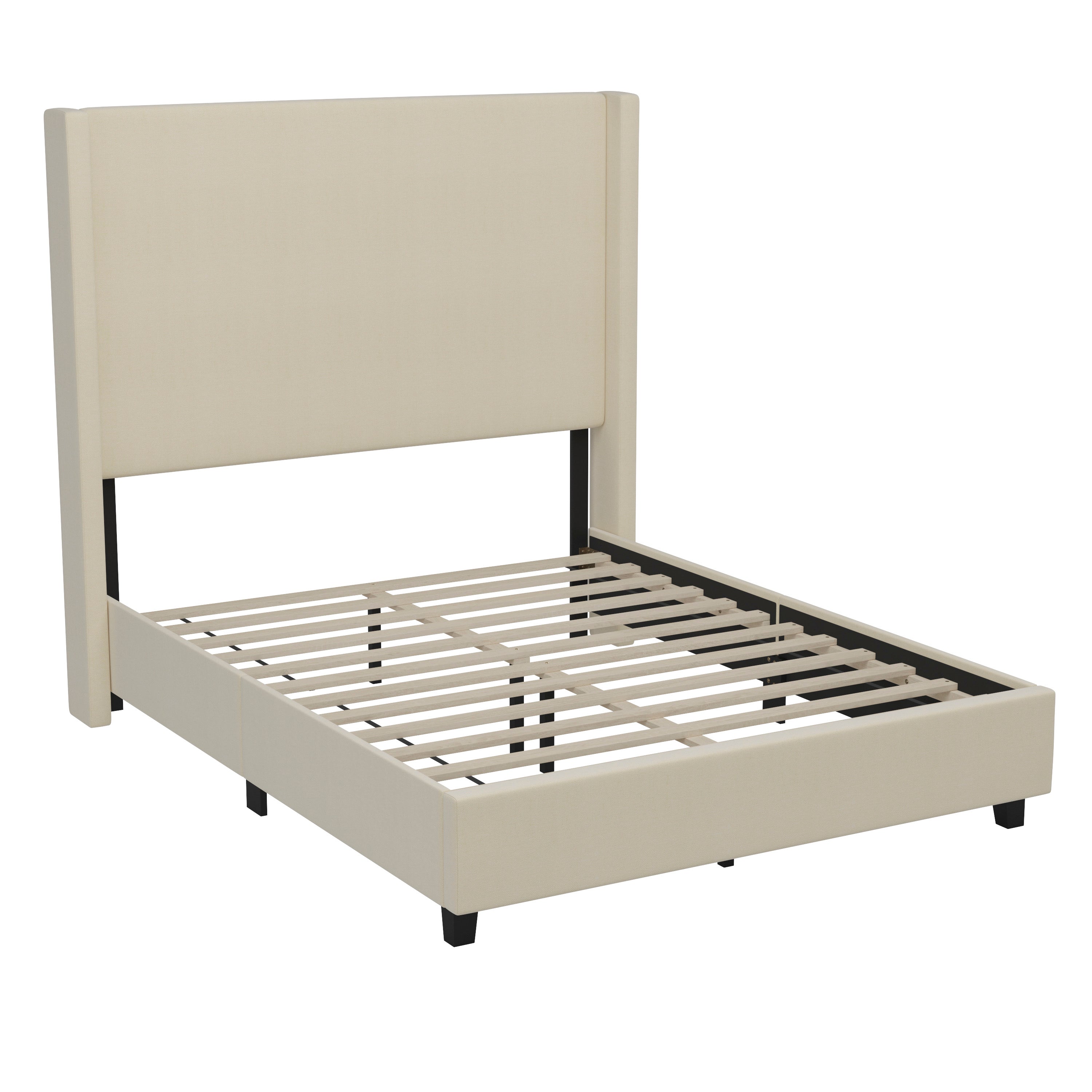 Quinn Upholstered Platform Bed with Channel Stitched Wingback Headboard, Mattress Foundation with Slatted Supports, No Box Spring Needed