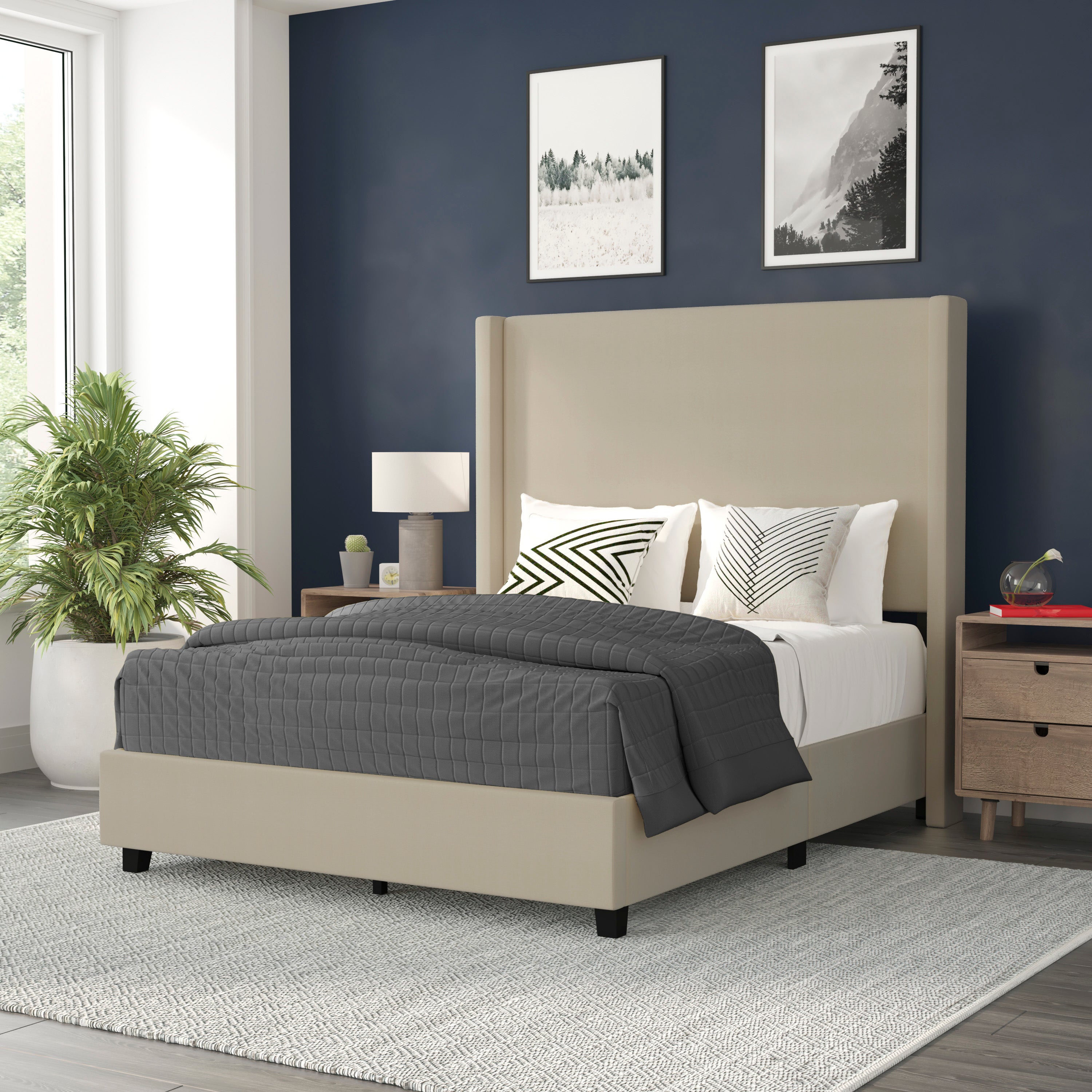 Quinn Upholstered Platform Bed with Channel Stitched Wingback Headboard, Mattress Foundation with Slatted Supports, No Box Spring Needed-Bed-Flash Furniture-Wall2Wall Furnishings