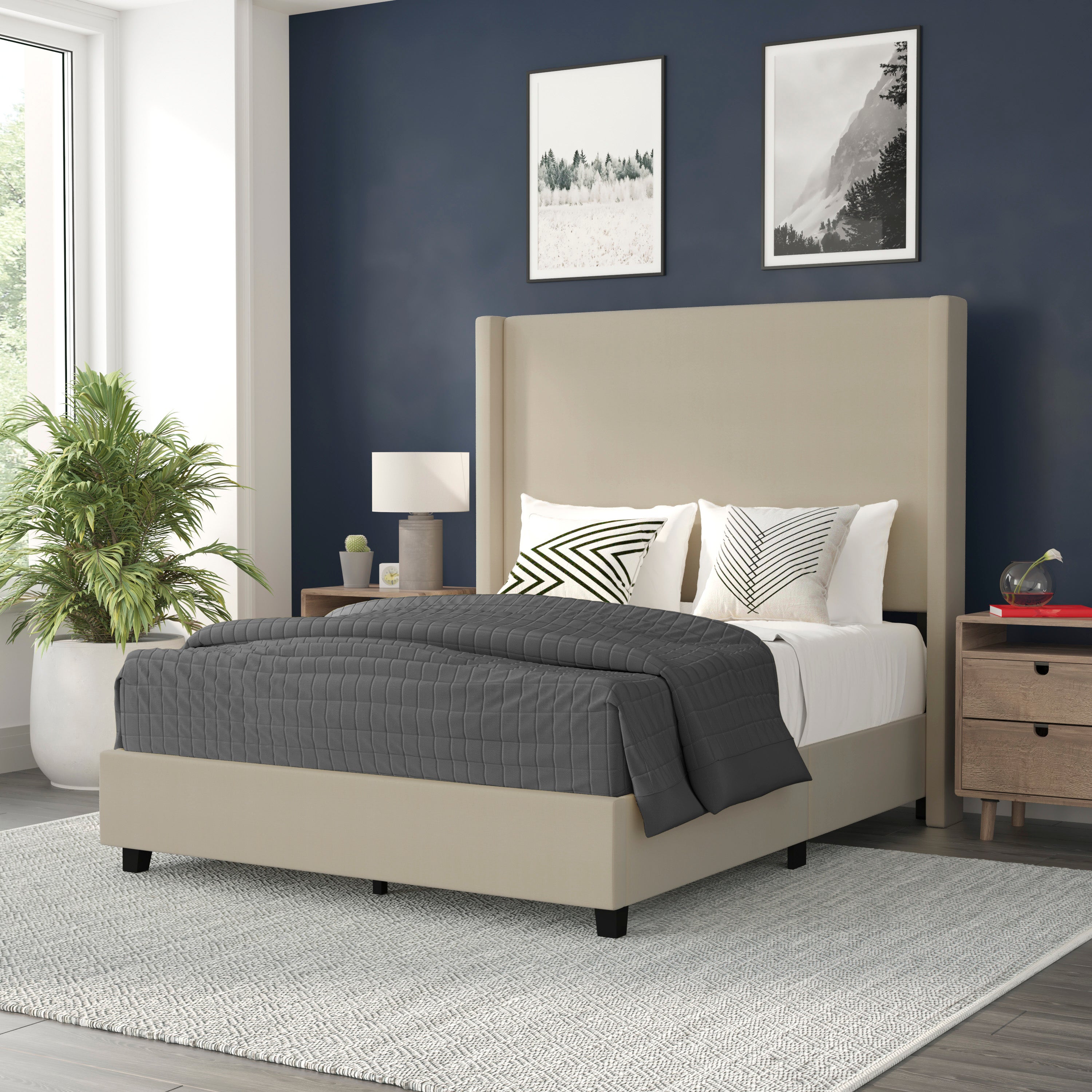 Quinn Upholstered Platform Bed with Channel Stitched Wingback Headboard, Mattress Foundation with Slatted Supports, No Box Spring Needed