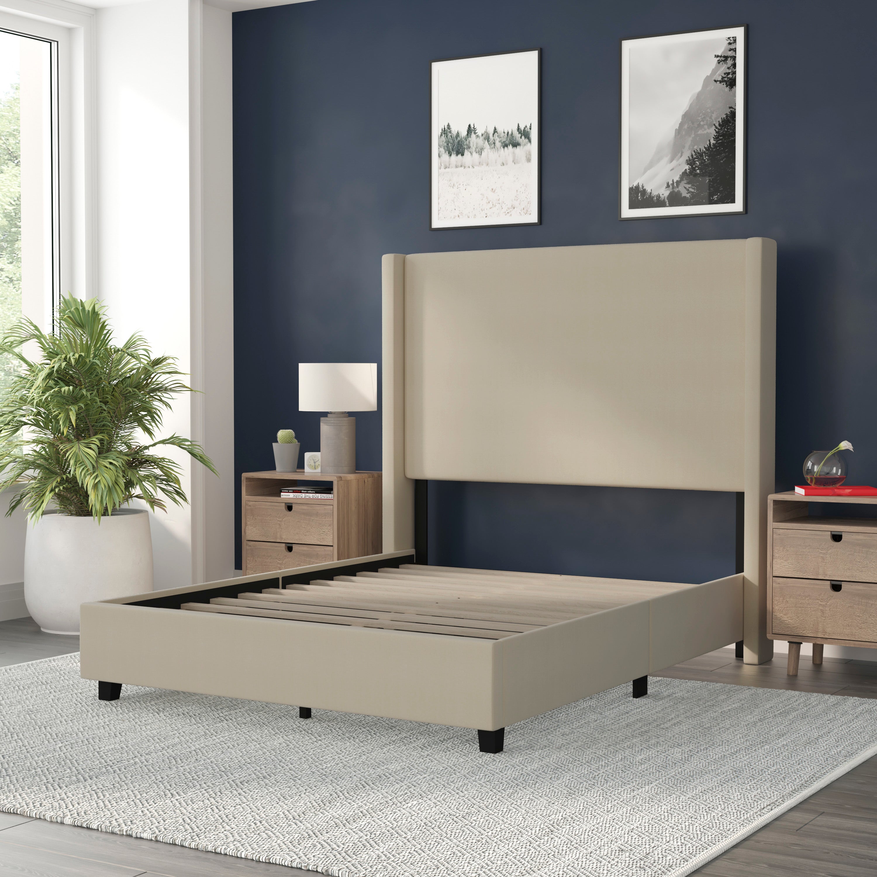 Quinn Upholstered Platform Bed with Channel Stitched Wingback Headboard, Mattress Foundation with Slatted Supports, No Box Spring Needed