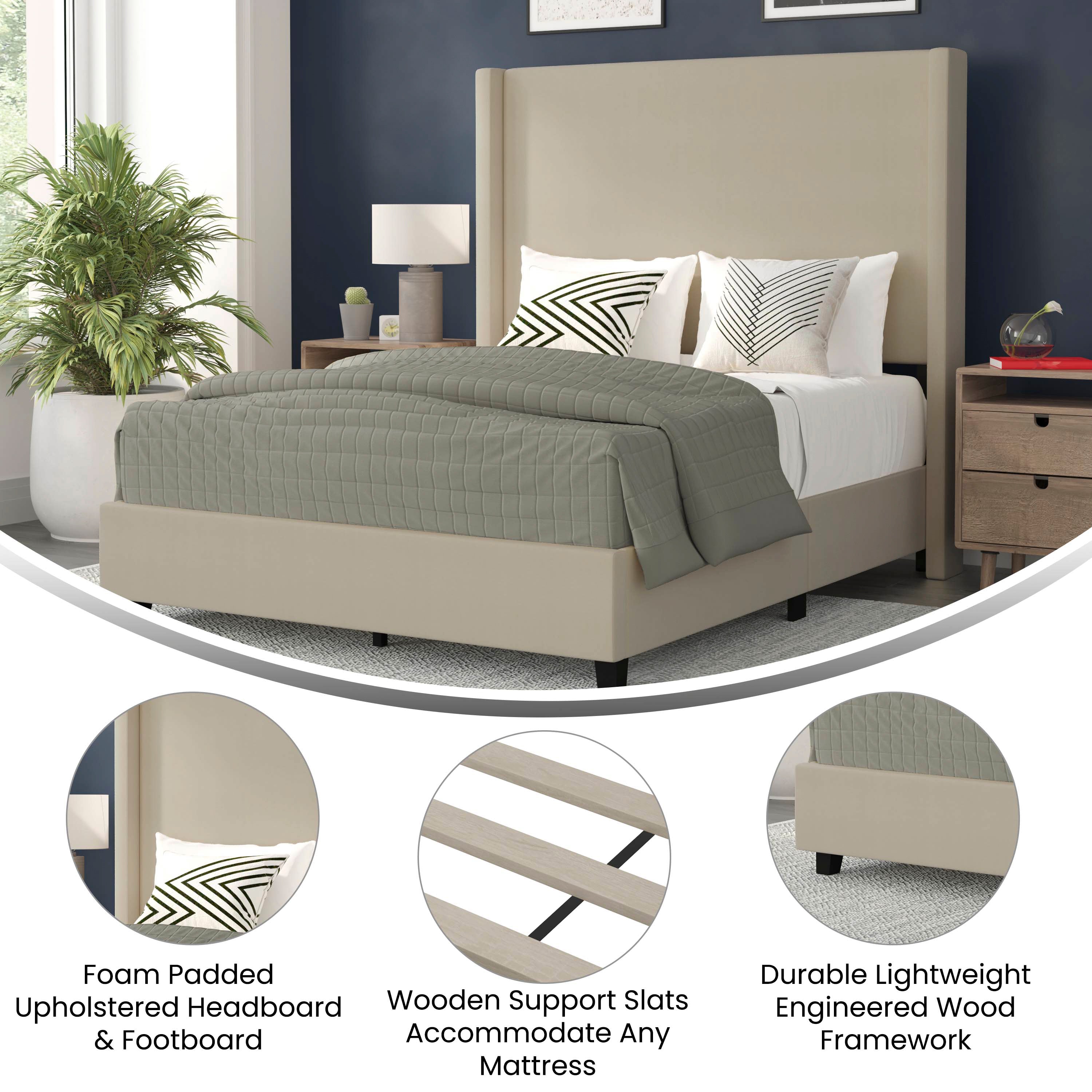 Quinn Upholstered Platform Bed with Channel Stitched Wingback Headboard, Mattress Foundation with Slatted Supports, No Box Spring Needed