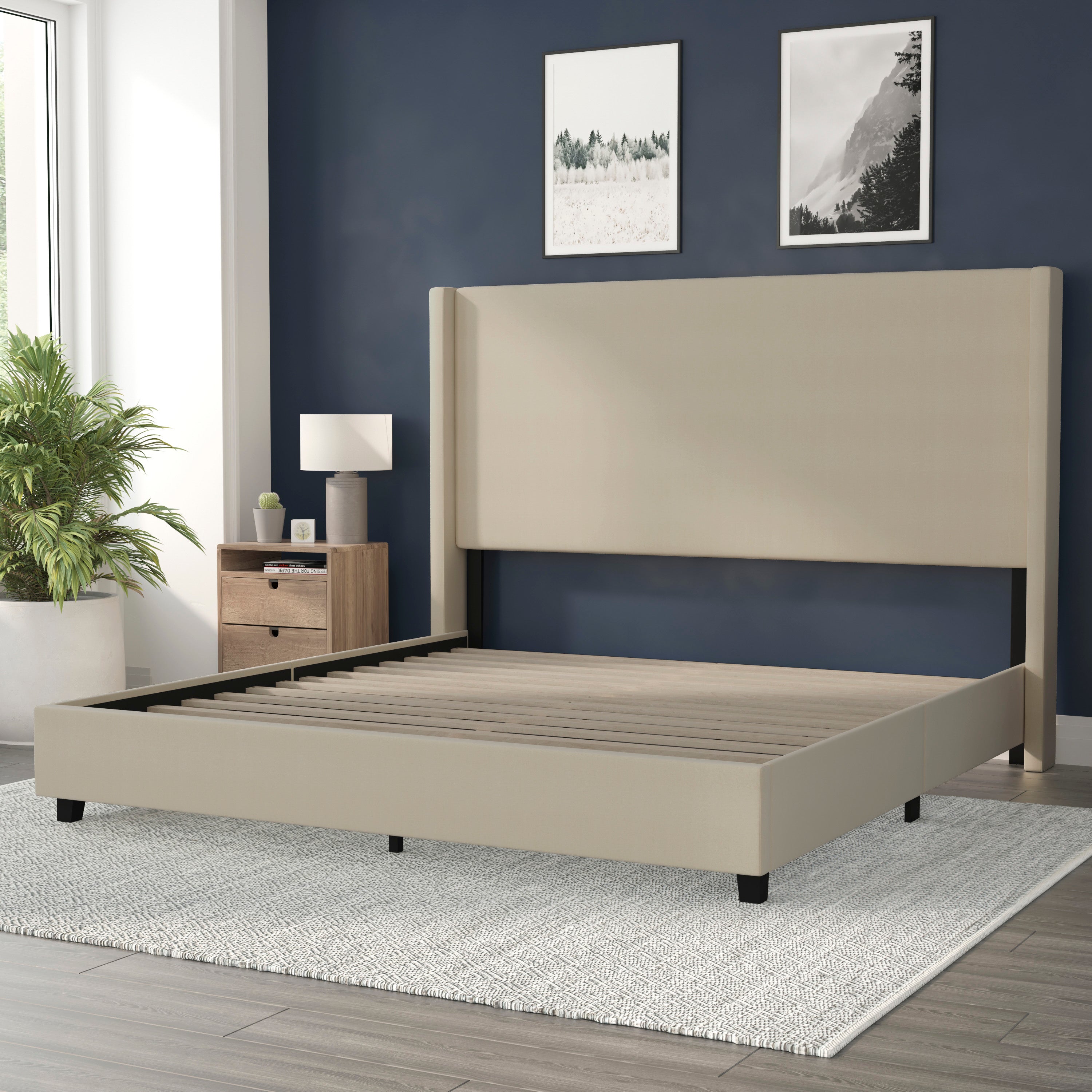 Quinn Upholstered Platform Bed with Channel Stitched Wingback Headboard, Mattress Foundation with Slatted Supports, No Box Spring Needed