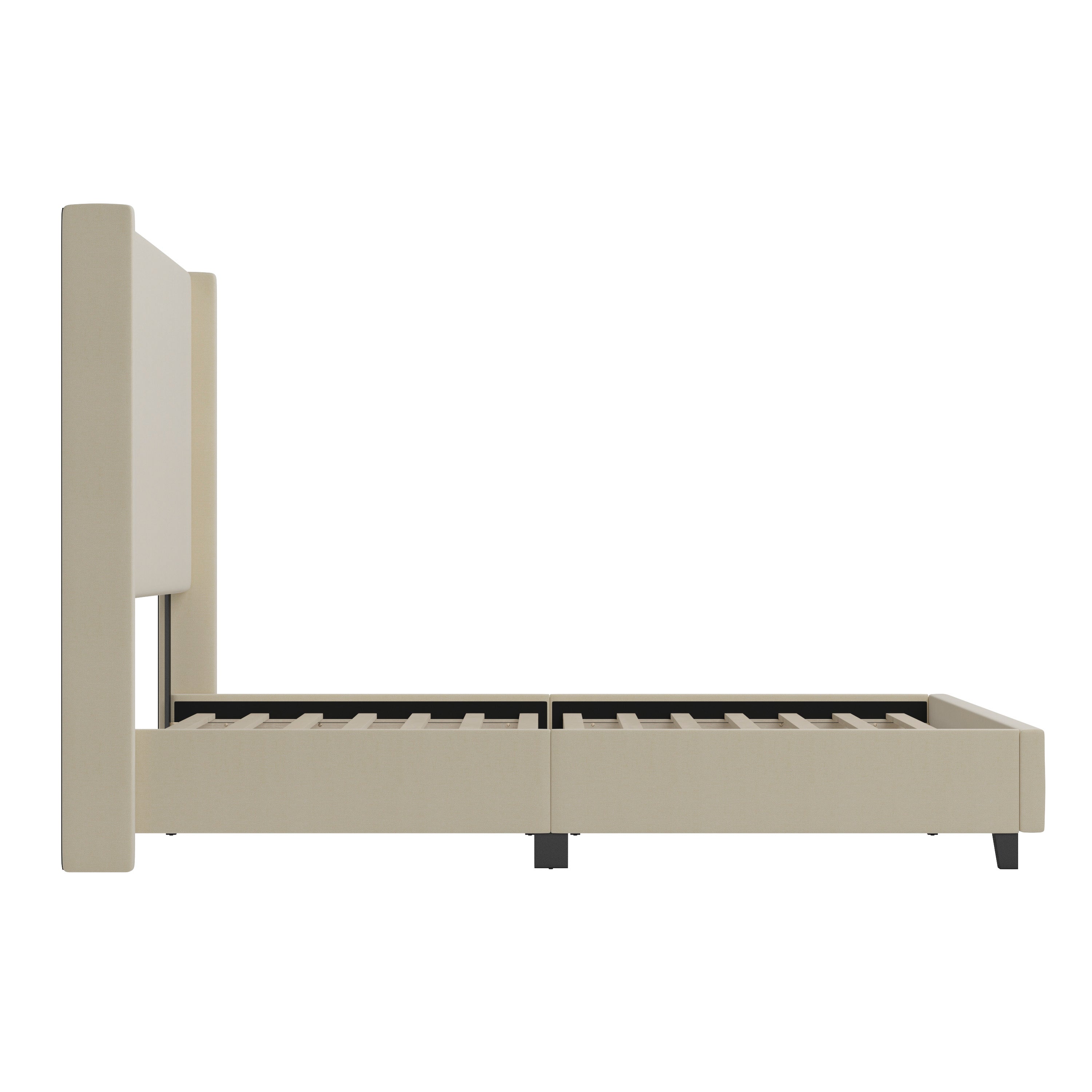 Quinn Upholstered Platform Bed with Channel Stitched Wingback Headboard, Mattress Foundation with Slatted Supports, No Box Spring Needed