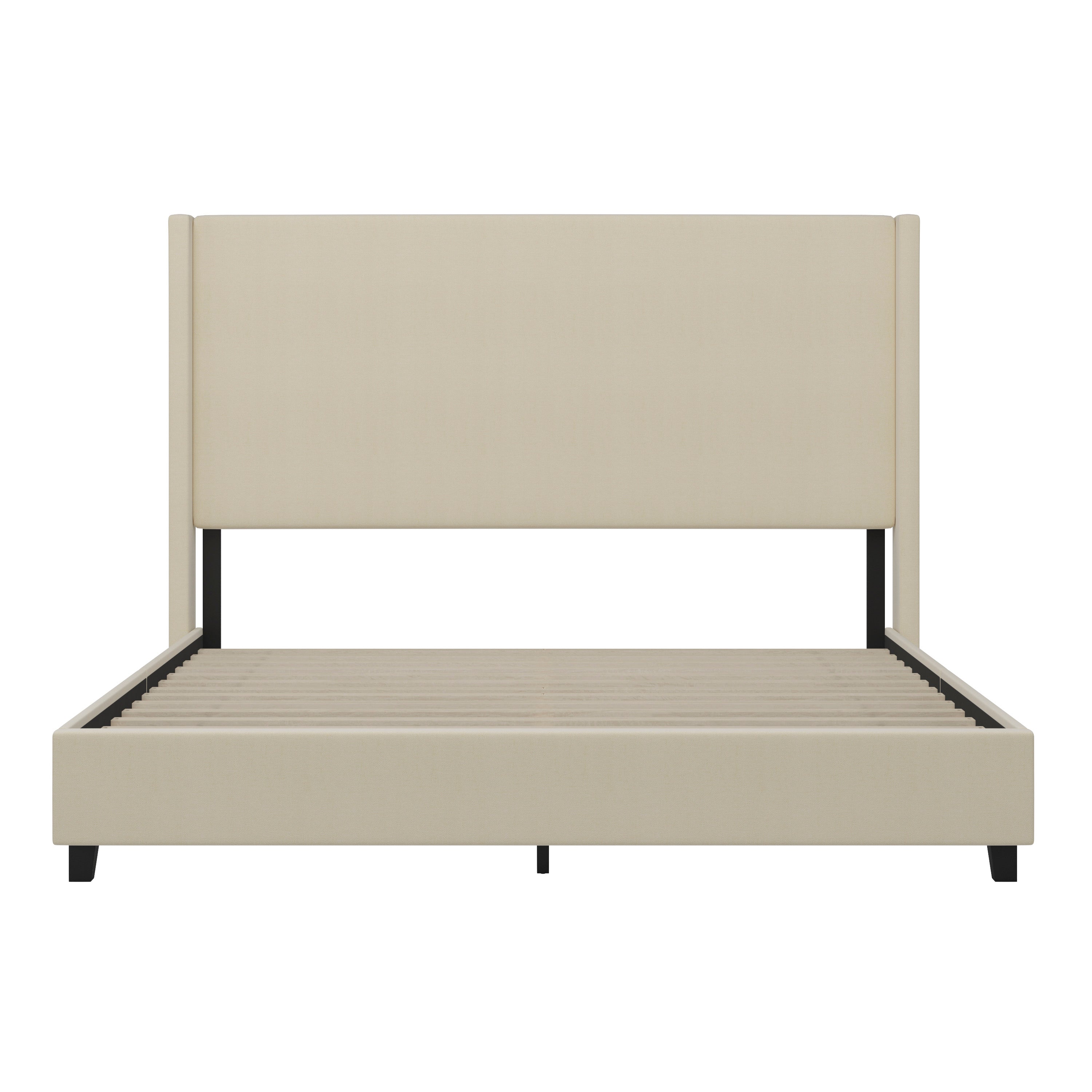 Quinn Upholstered Platform Bed with Channel Stitched Wingback Headboard, Mattress Foundation with Slatted Supports, No Box Spring Needed