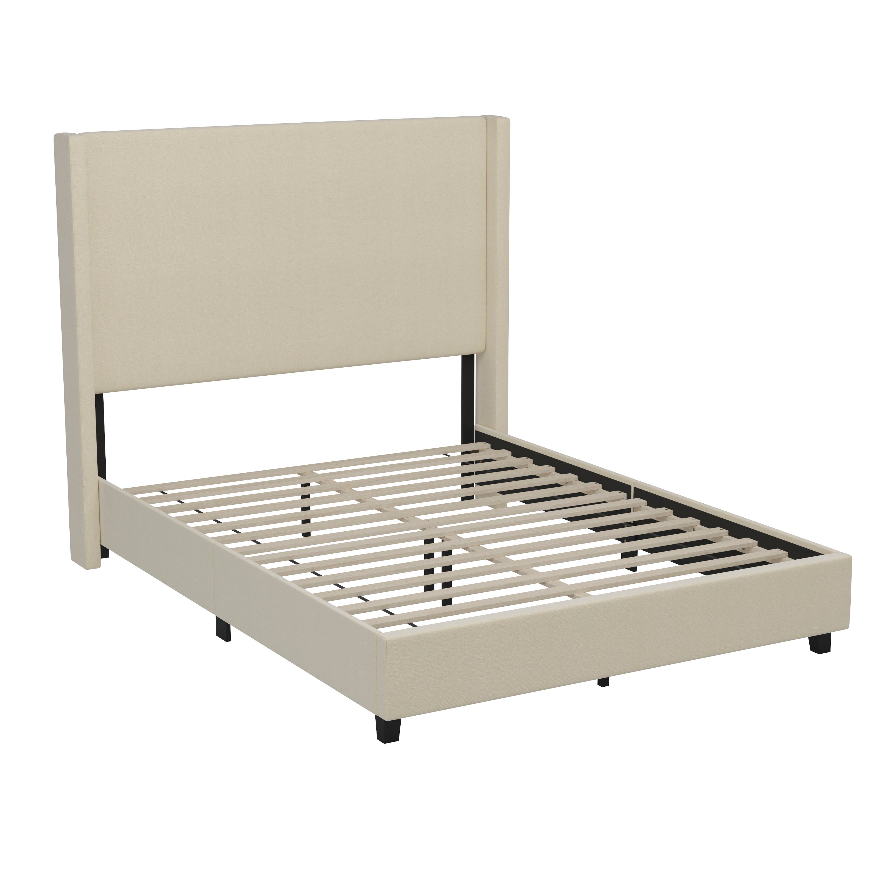 Quinn Upholstered Platform Bed with Channel Stitched Wingback Headboard, Mattress Foundation with Slatted Supports, No Box Spring Needed