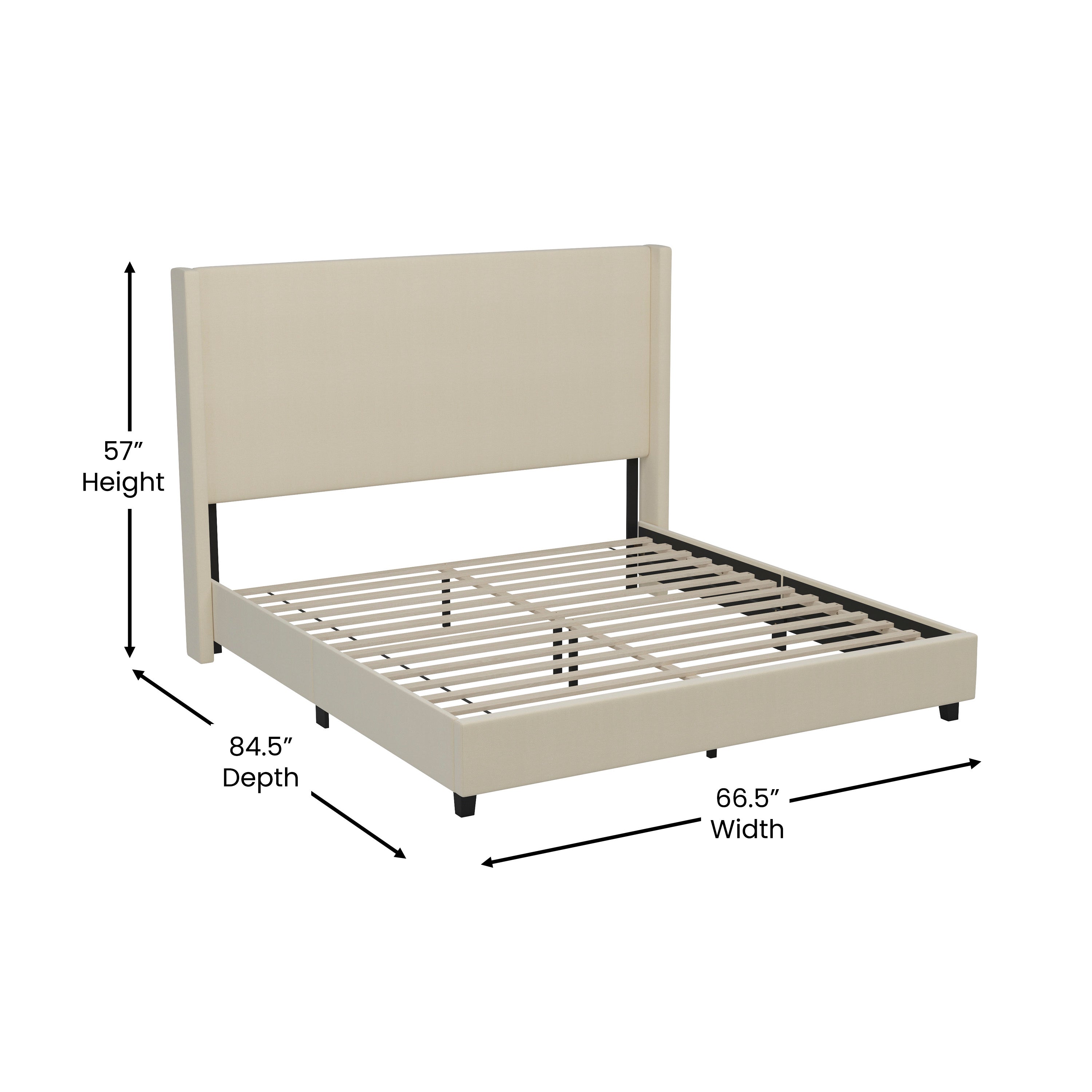 Quinn Upholstered Platform Bed with Channel Stitched Wingback Headboard, Mattress Foundation with Slatted Supports, No Box Spring Needed