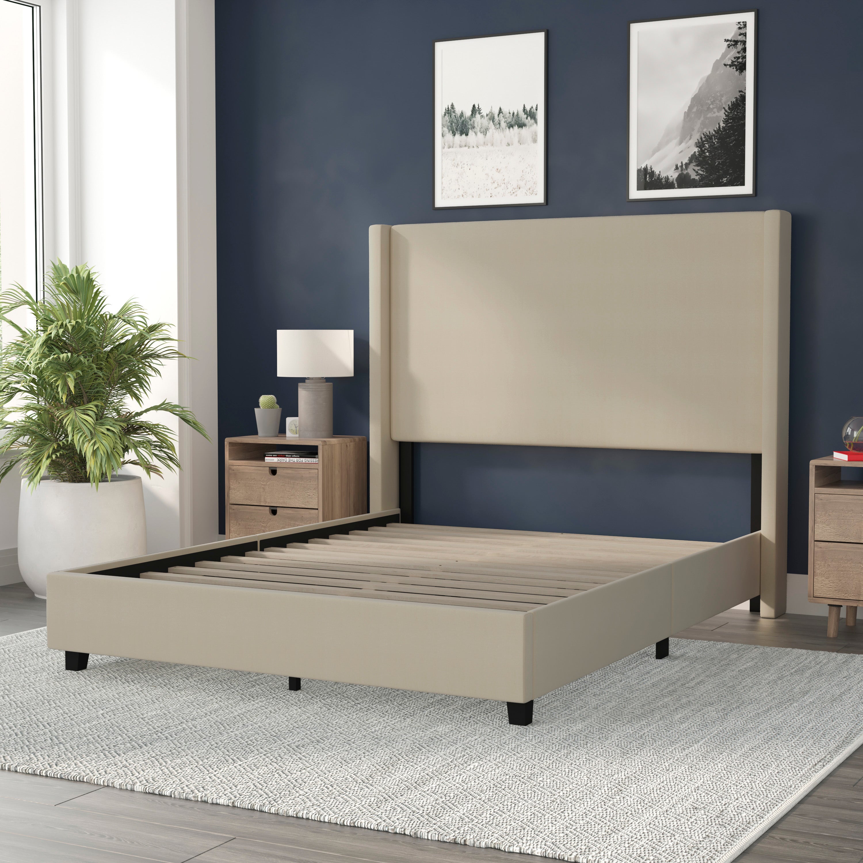 Quinn Upholstered Platform Bed with Channel Stitched Wingback Headboard, Mattress Foundation with Slatted Supports, No Box Spring Needed