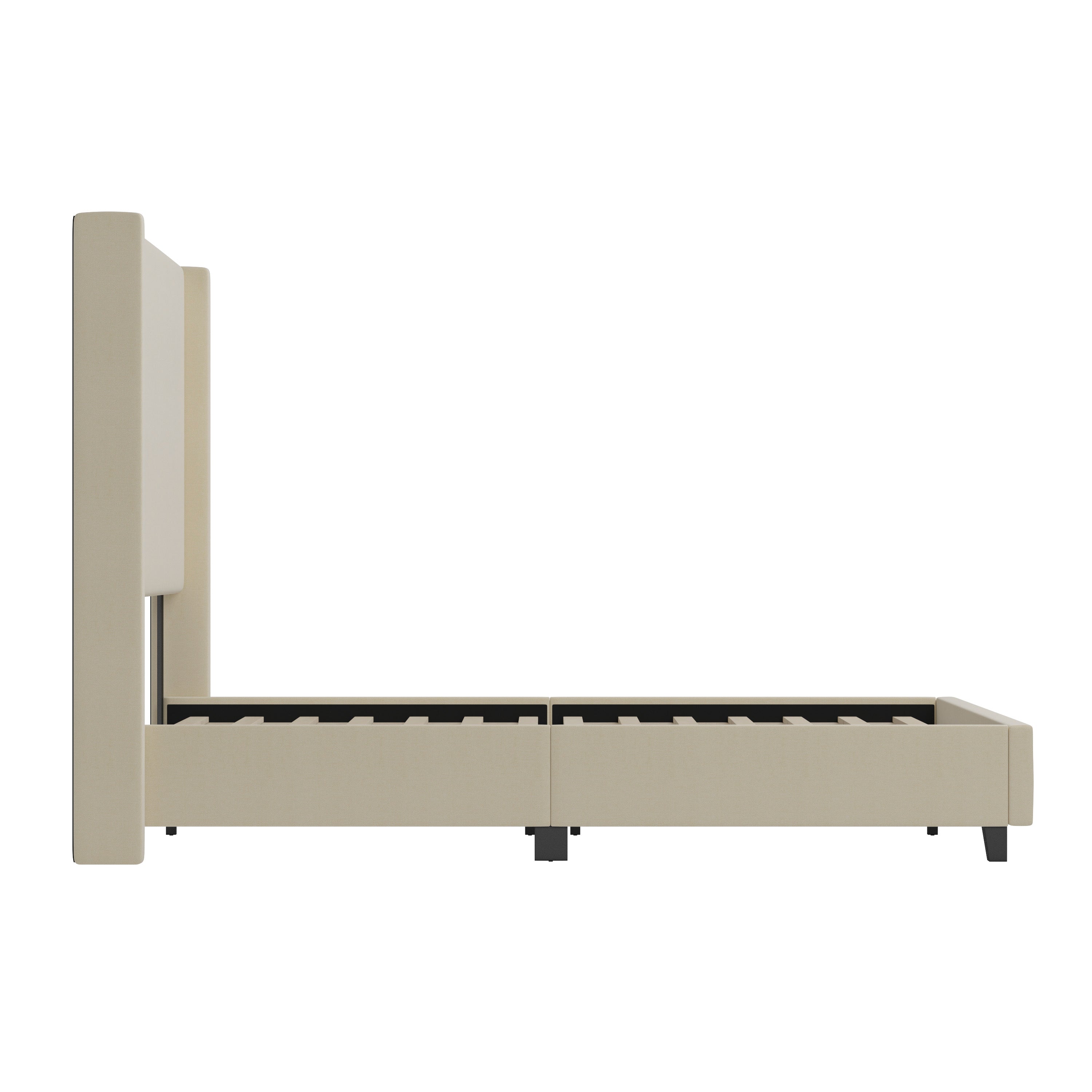Quinn Upholstered Platform Bed with Channel Stitched Wingback Headboard, Mattress Foundation with Slatted Supports, No Box Spring Needed