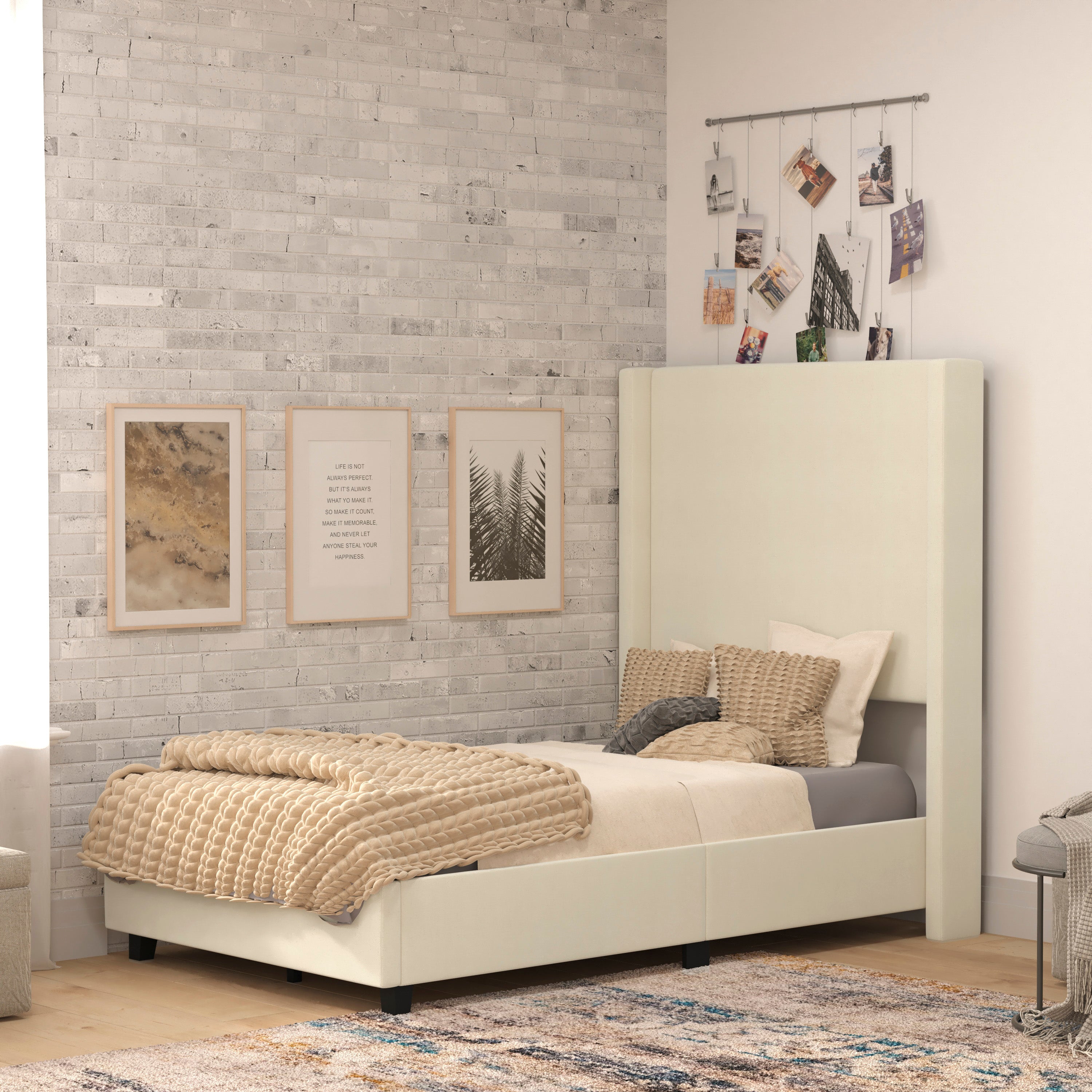 Quinn Upholstered Platform Bed with Channel Stitched Wingback Headboard, Mattress Foundation with Slatted Supports, No Box Spring Needed