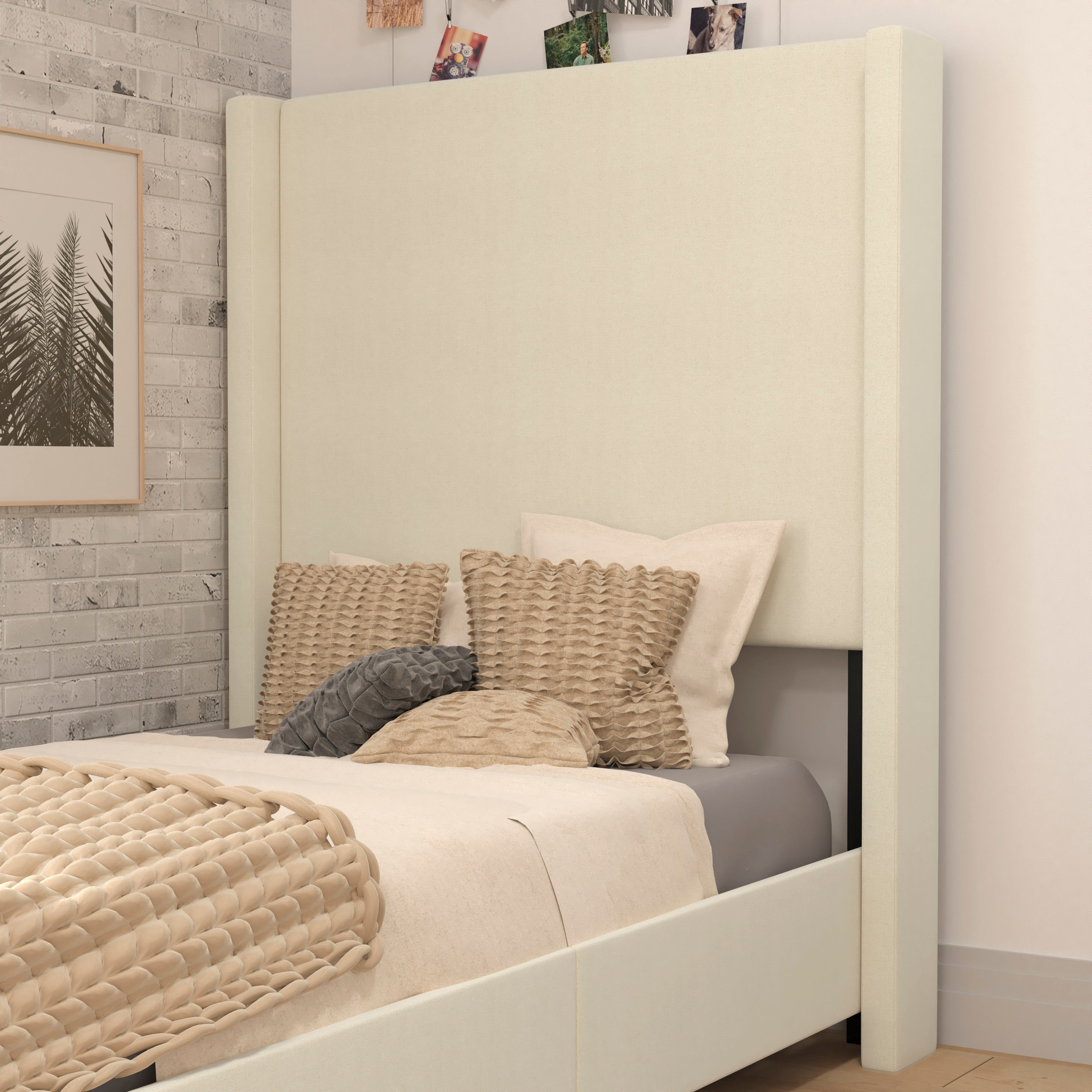 Quinn Upholstered Platform Bed with Channel Stitched Wingback Headboard, Mattress Foundation with Slatted Supports, No Box Spring Needed
