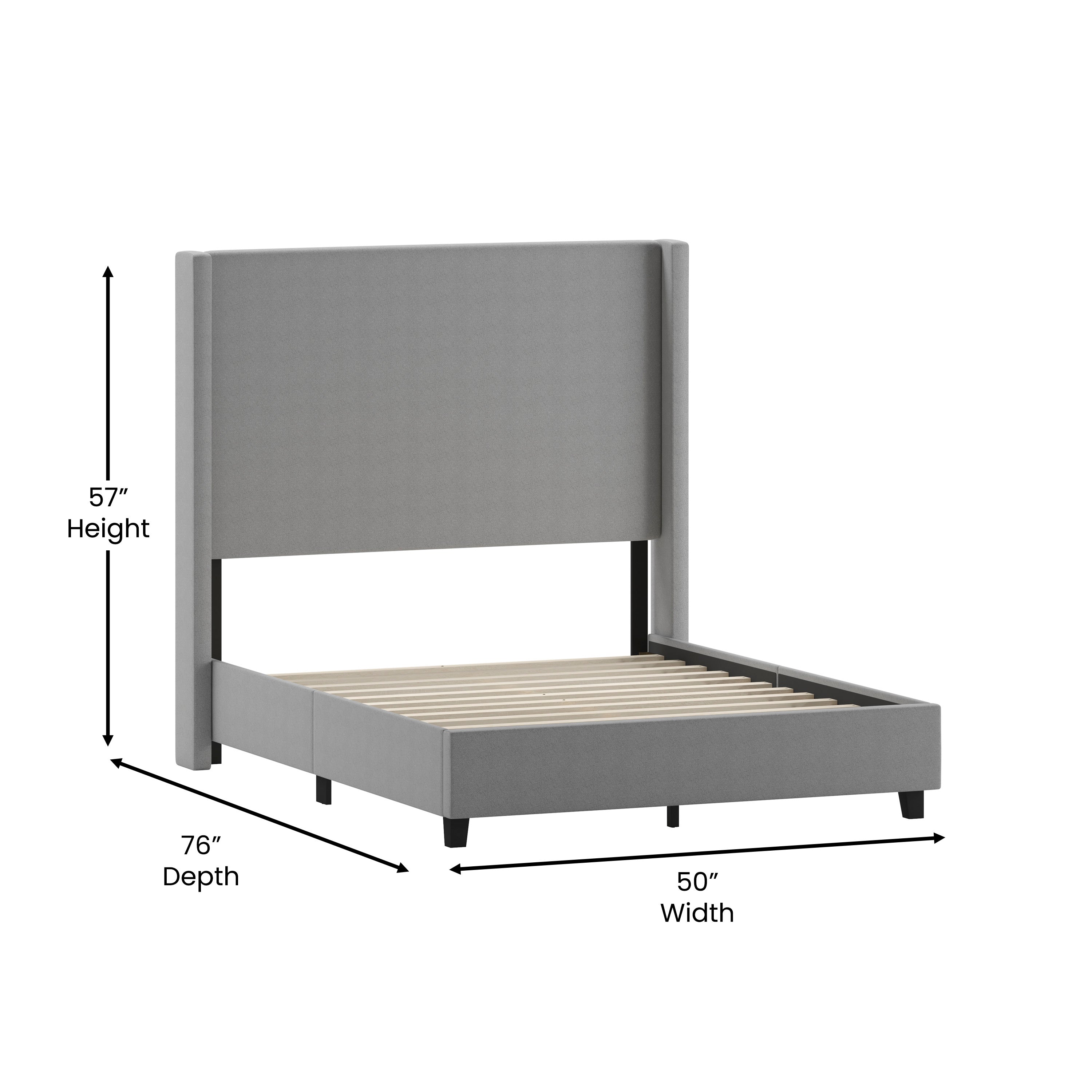 Quinn Upholstered Platform Bed with Channel Stitched Wingback Headboard, Mattress Foundation with Slatted Supports, No Box Spring Needed