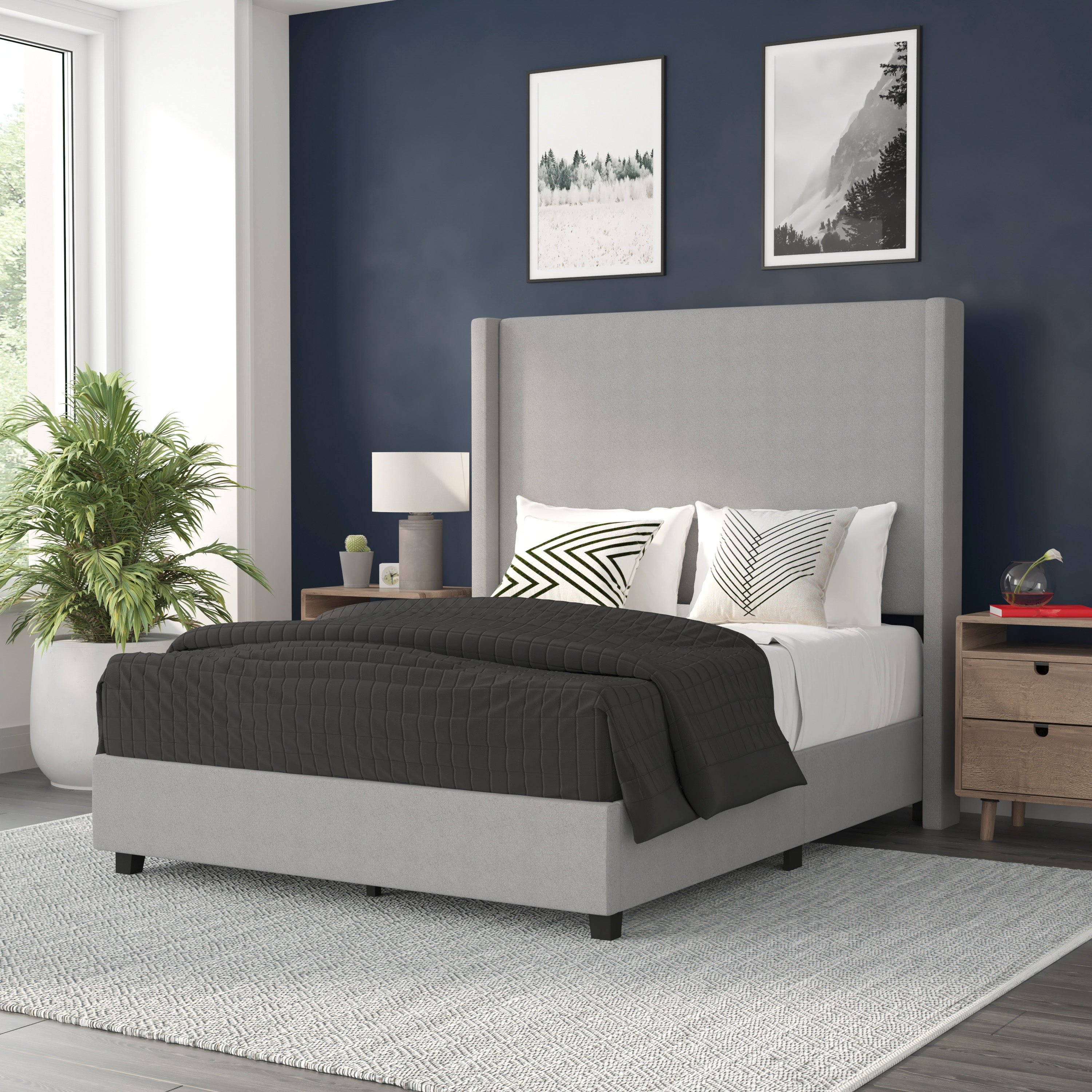 Quinn Upholstered Platform Bed with Channel Stitched Wingback Headboard, Mattress Foundation with Slatted Supports, No Box Spring Needed