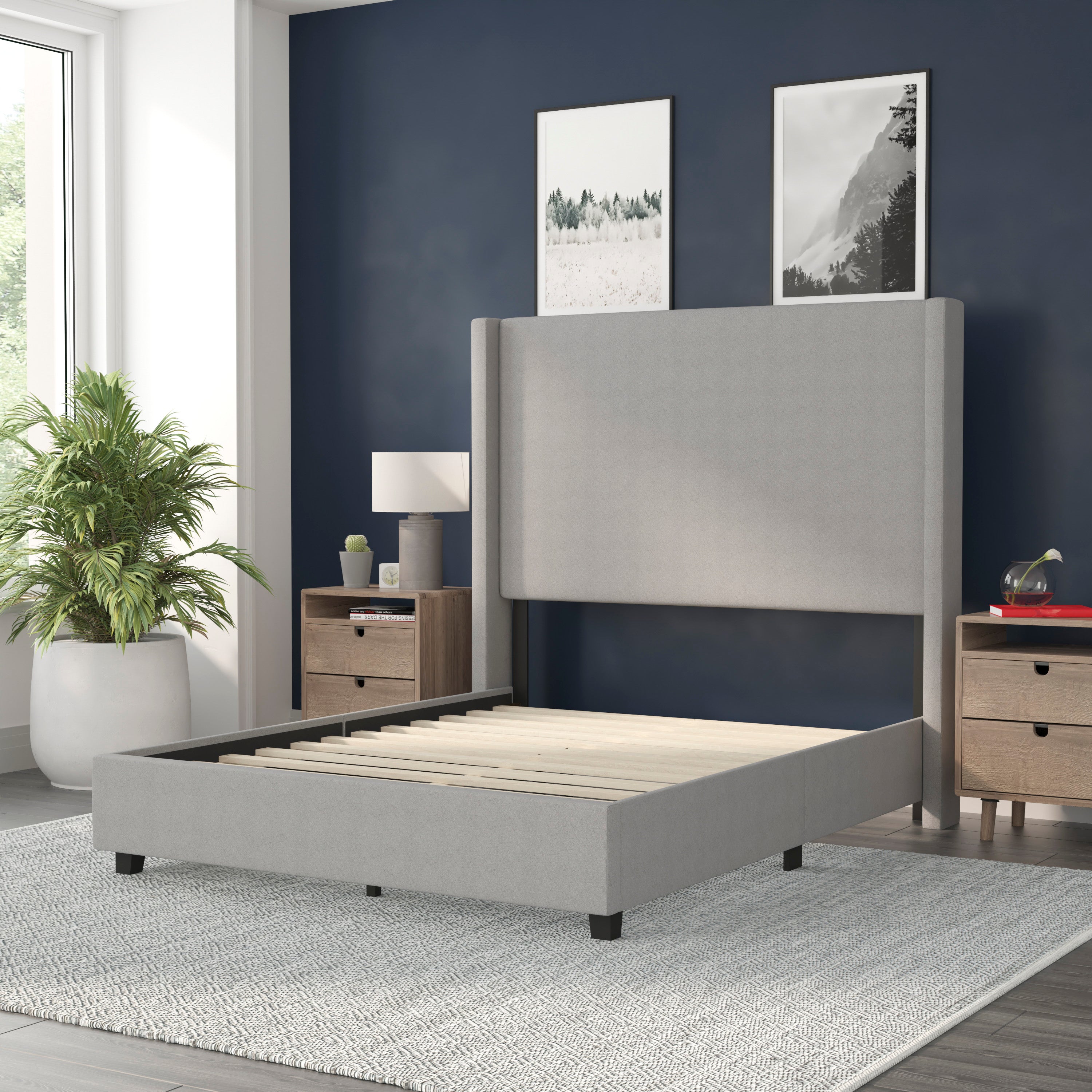 Quinn Upholstered Platform Bed with Channel Stitched Wingback Headboard, Mattress Foundation with Slatted Supports, No Box Spring Needed