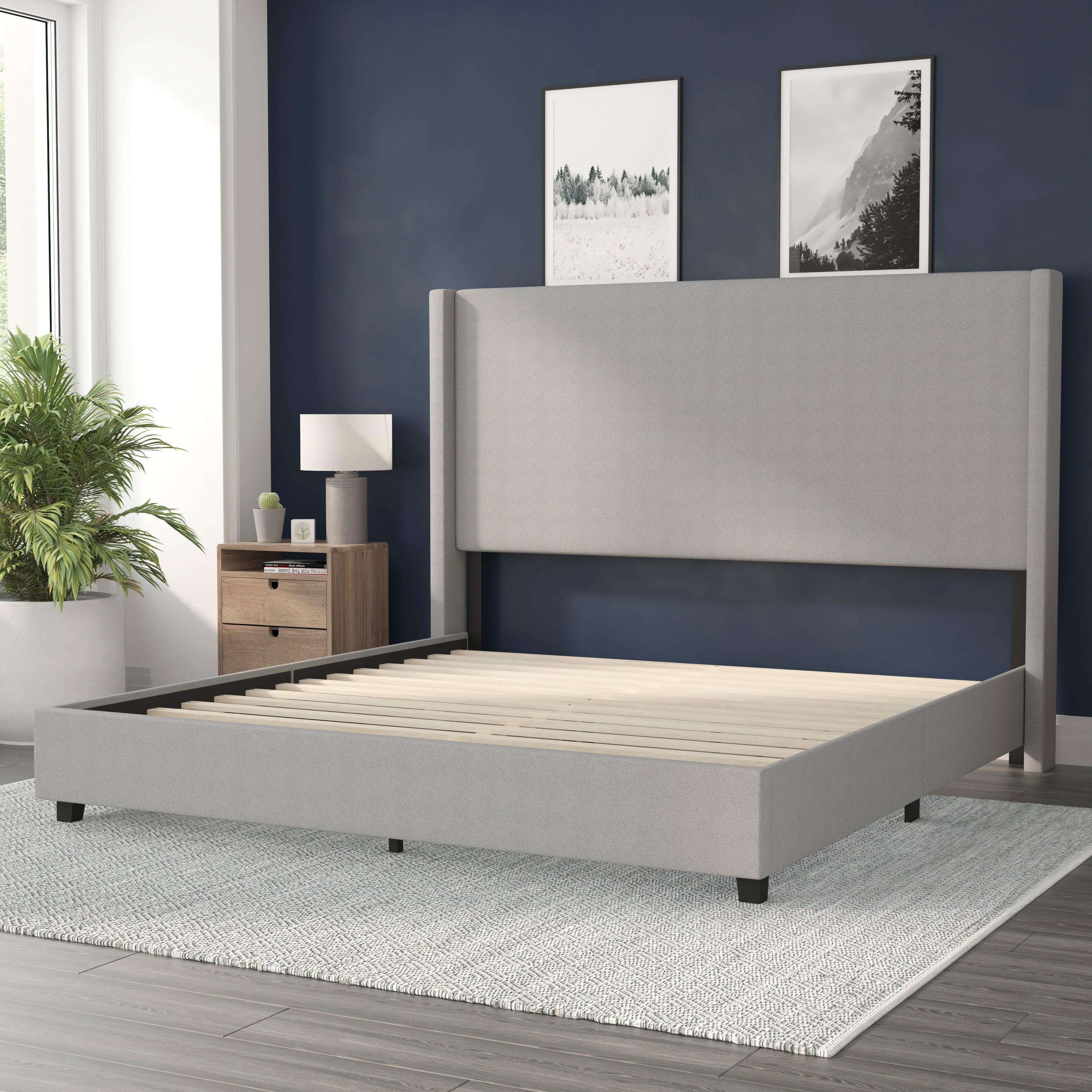 Quinn Upholstered Platform Bed with Channel Stitched Wingback Headboard, Mattress Foundation with Slatted Supports, No Box Spring Needed