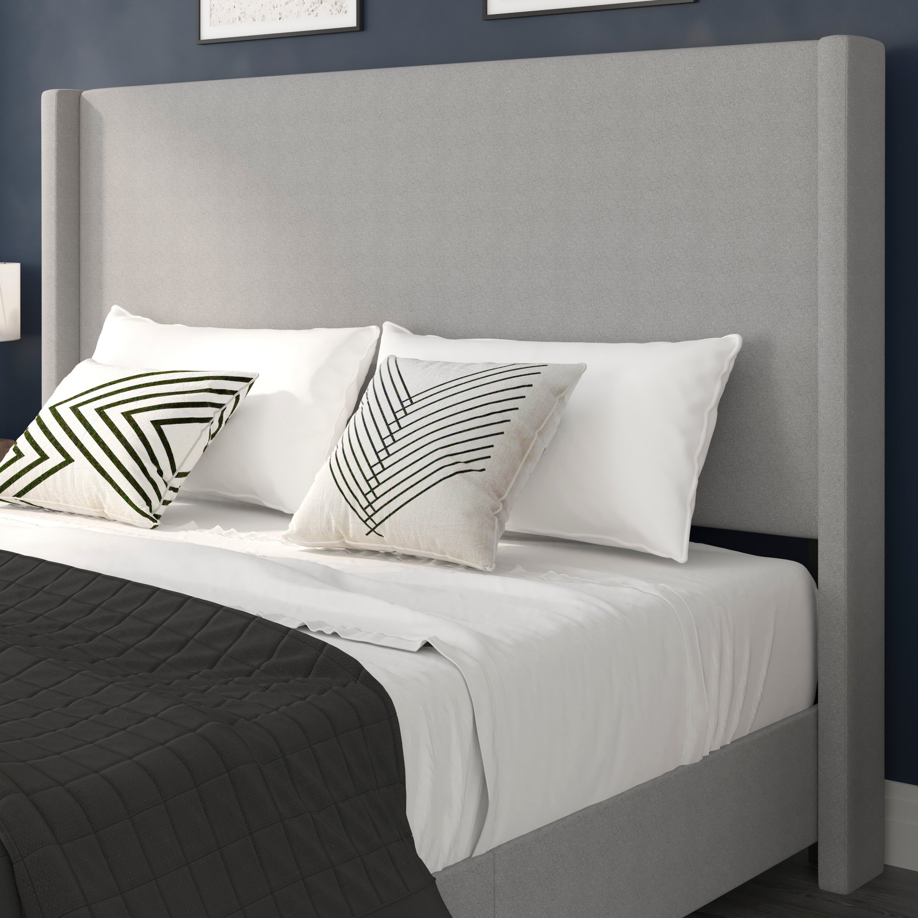 Quinn Upholstered Platform Bed with Channel Stitched Wingback Headboard, Mattress Foundation with Slatted Supports, No Box Spring Needed