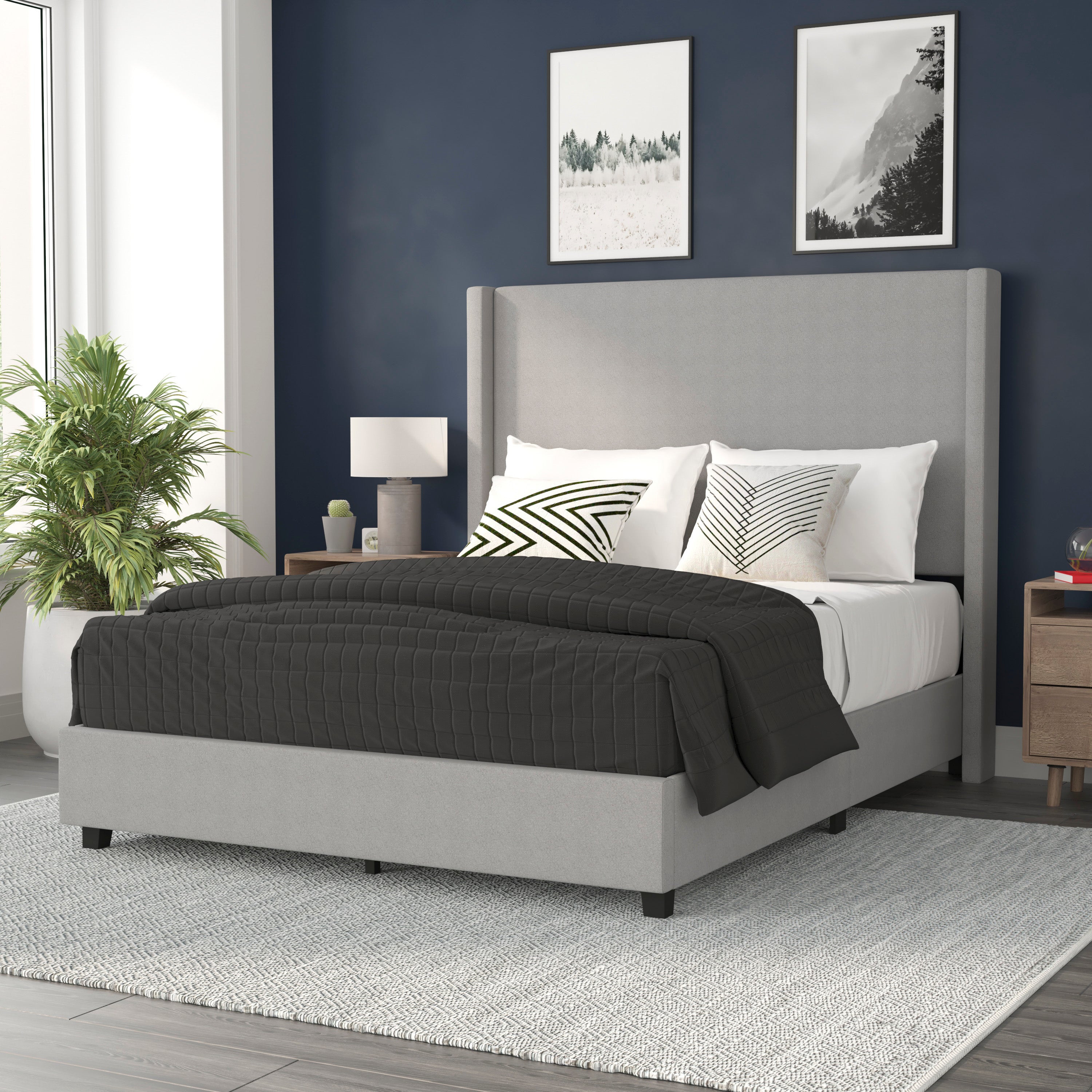 Quinn Upholstered Platform Bed with Channel Stitched Wingback Headboard, Mattress Foundation with Slatted Supports, No Box Spring Needed