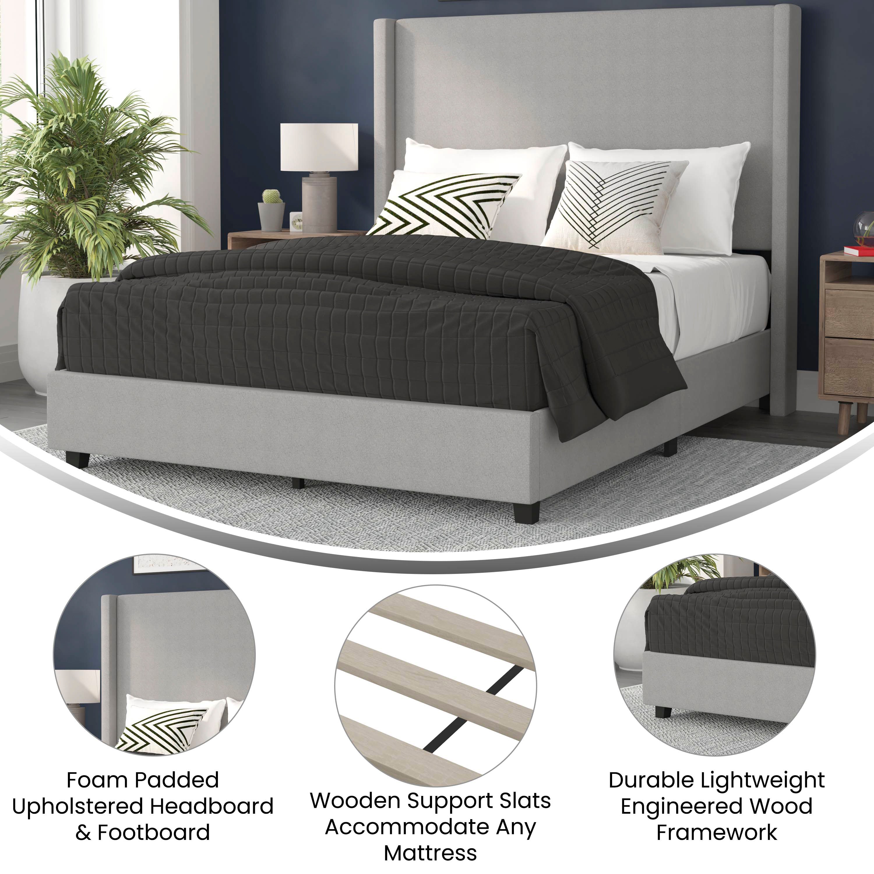 Quinn Upholstered Platform Bed with Channel Stitched Wingback Headboard, Mattress Foundation with Slatted Supports, No Box Spring Needed