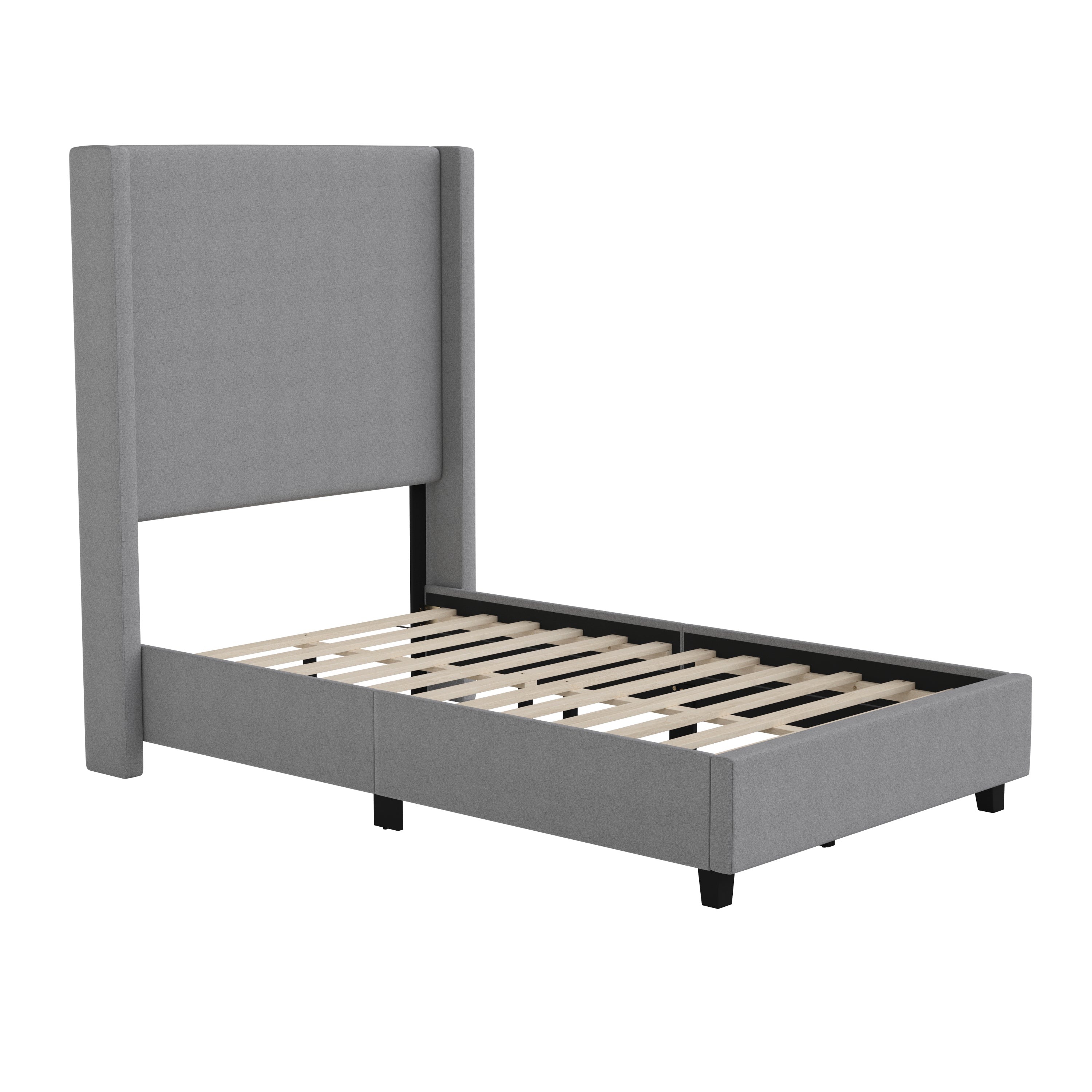 Quinn Upholstered Platform Bed with Channel Stitched Wingback Headboard, Mattress Foundation with Slatted Supports, No Box Spring Needed
