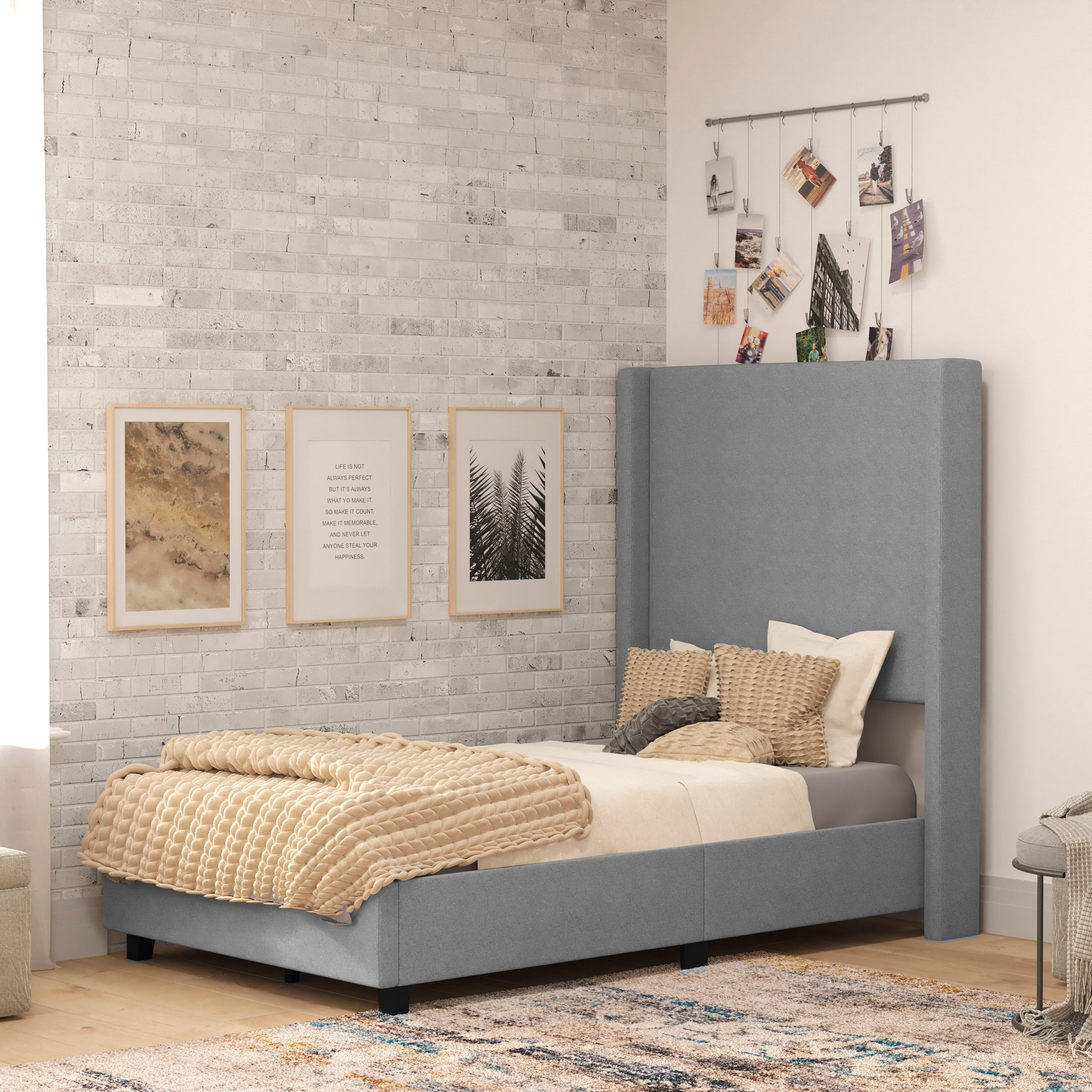 Quinn Upholstered Platform Bed with Channel Stitched Wingback Headboard, Mattress Foundation with Slatted Supports, No Box Spring Needed