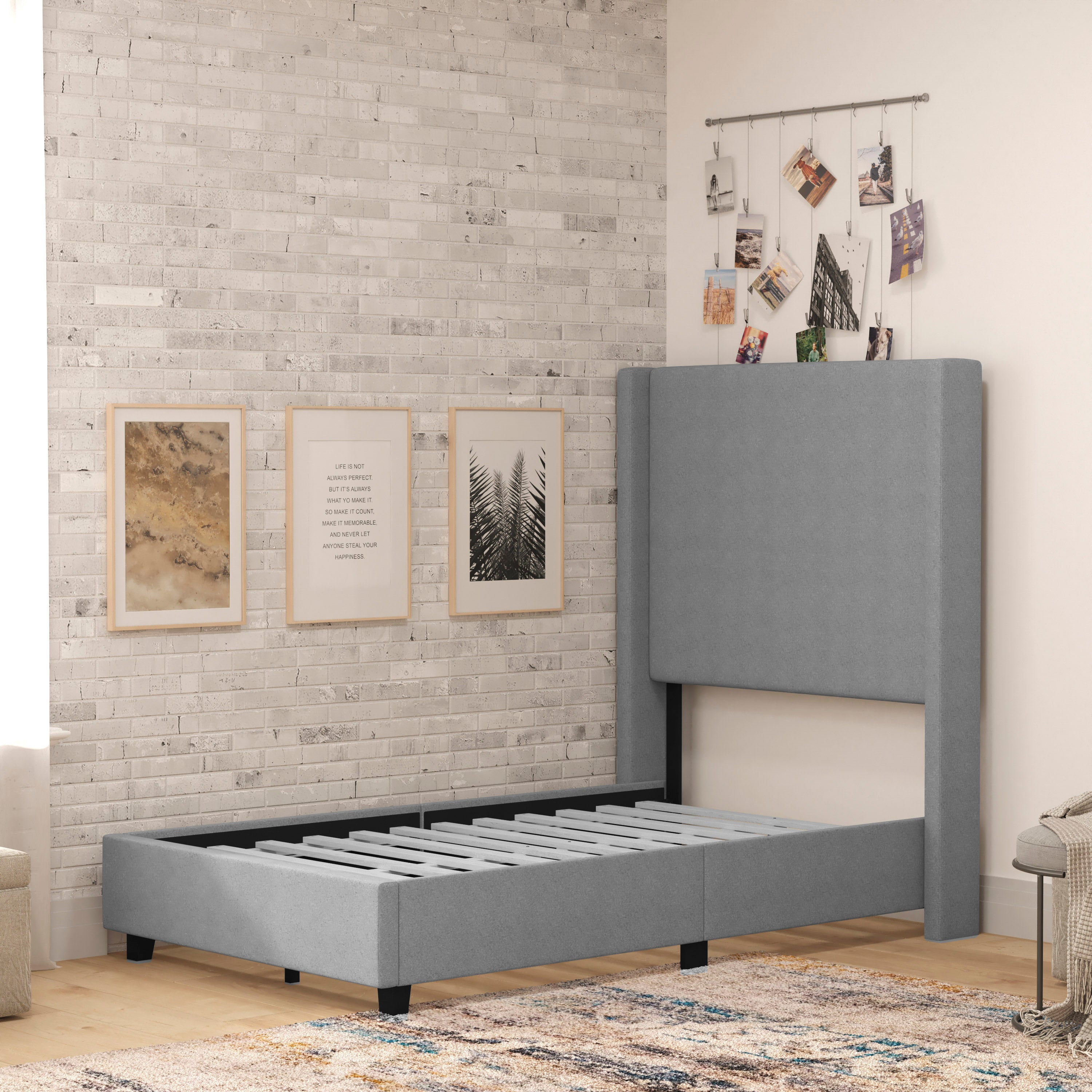 Quinn Upholstered Platform Bed with Channel Stitched Wingback Headboard, Mattress Foundation with Slatted Supports, No Box Spring Needed