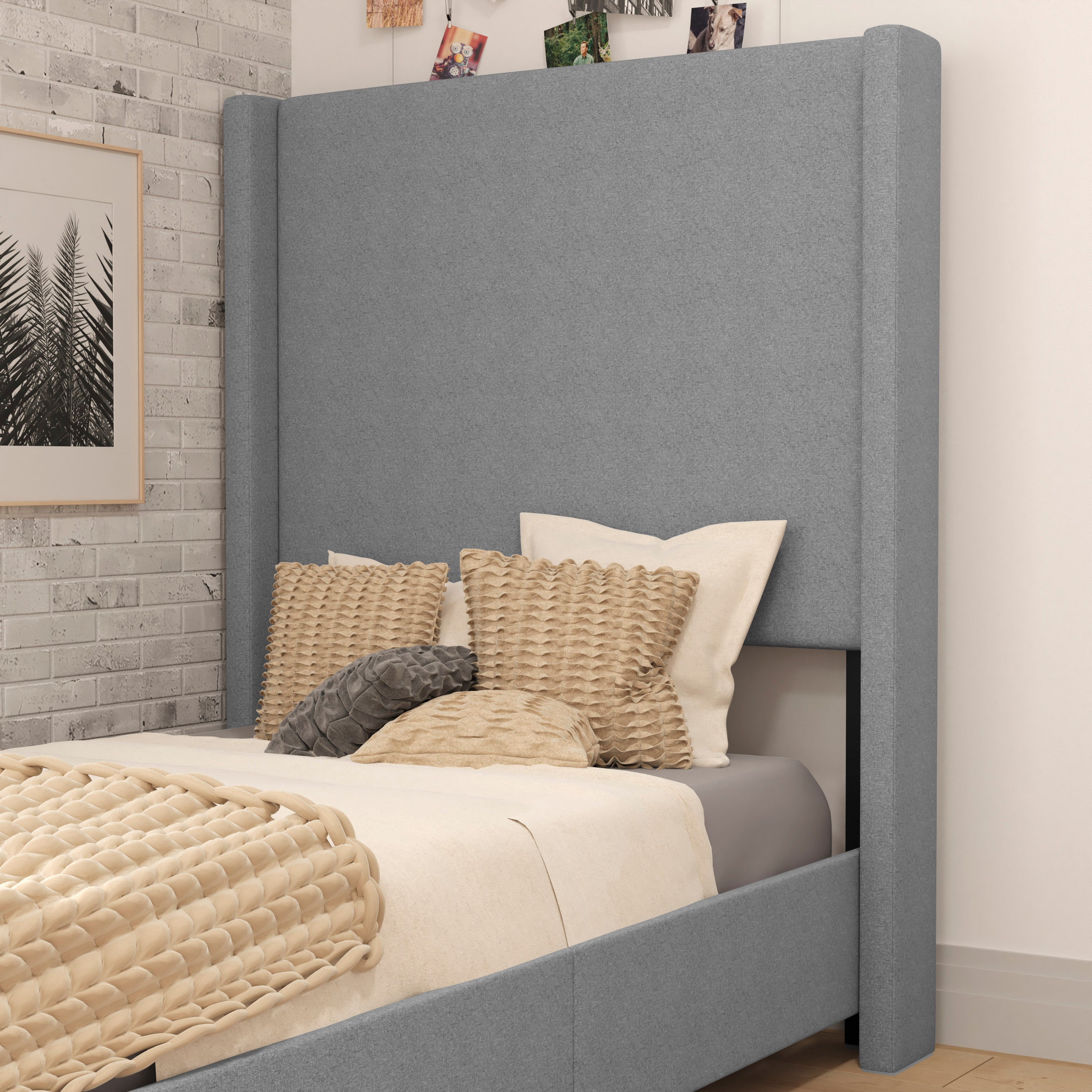 Quinn Upholstered Platform Bed with Channel Stitched Wingback Headboard, Mattress Foundation with Slatted Supports, No Box Spring Needed