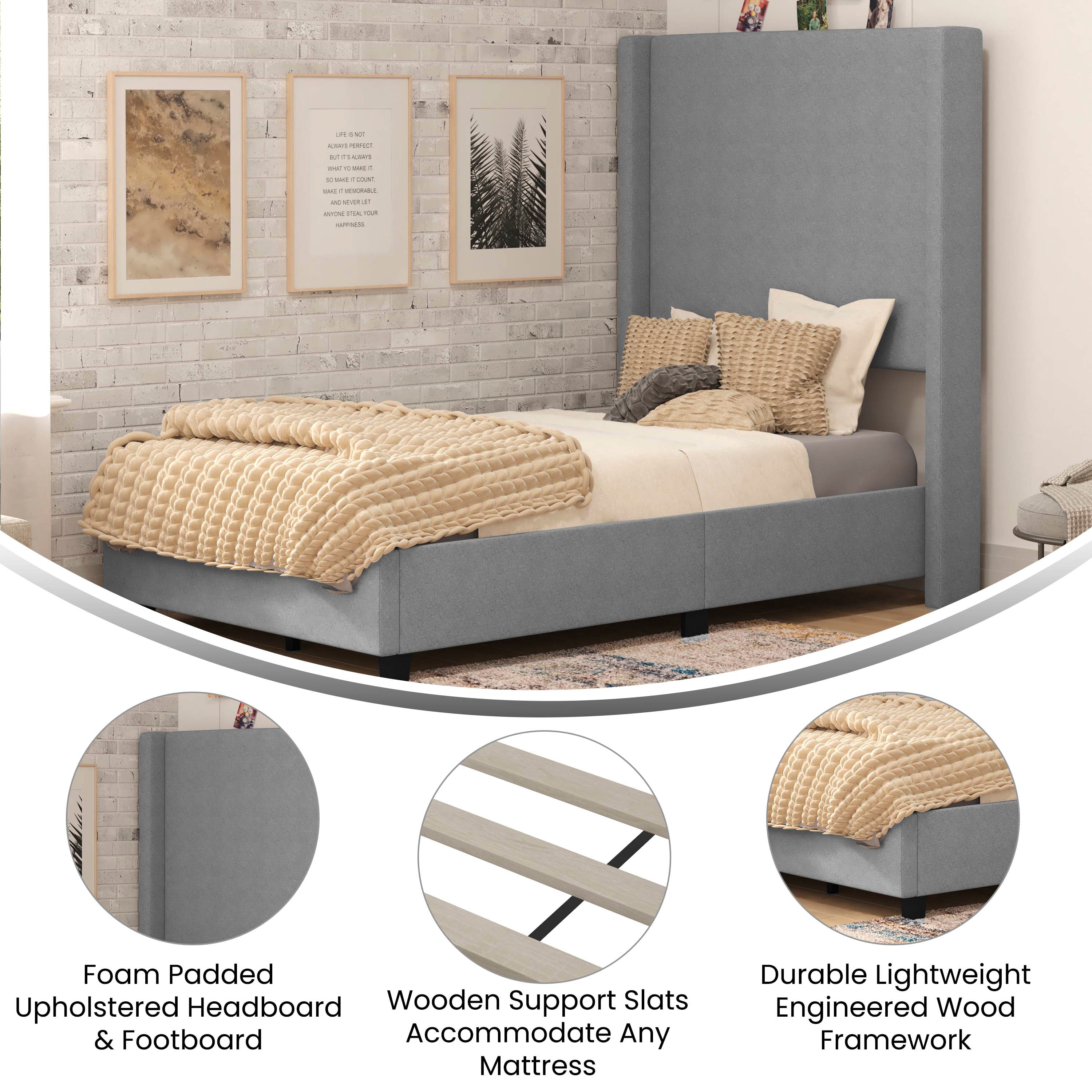 Quinn Upholstered Platform Bed with Channel Stitched Wingback Headboard, Mattress Foundation with Slatted Supports, No Box Spring Needed