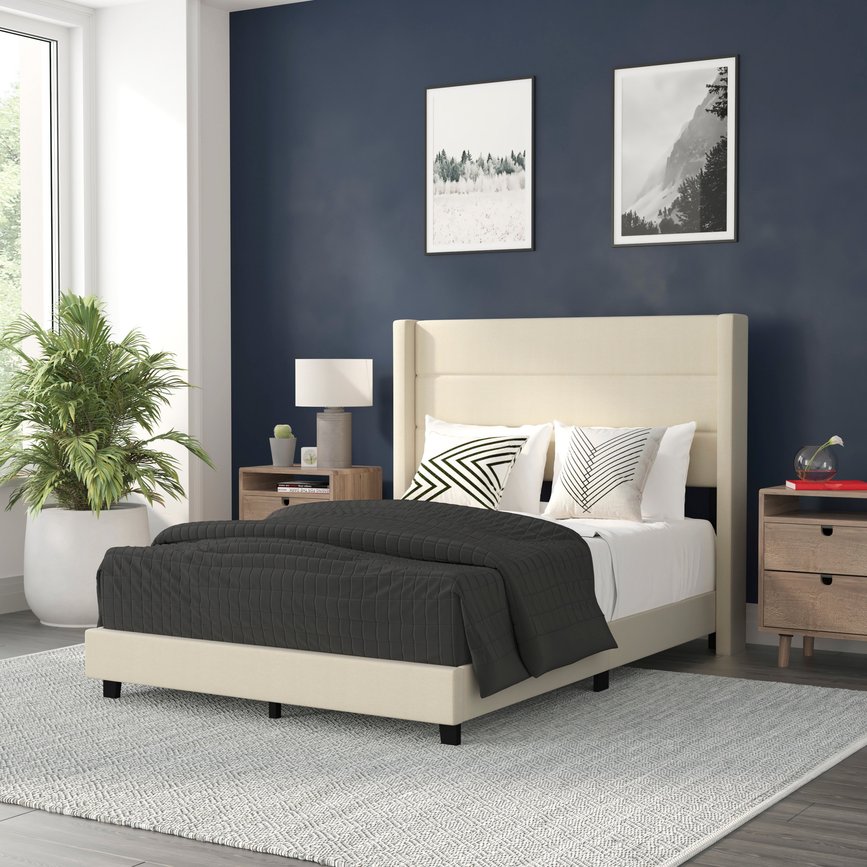 Hollis Upholstered Platform Bed with Wingback Headboard, Mattress Foundation with Slatted Supports, No Box Spring Needed