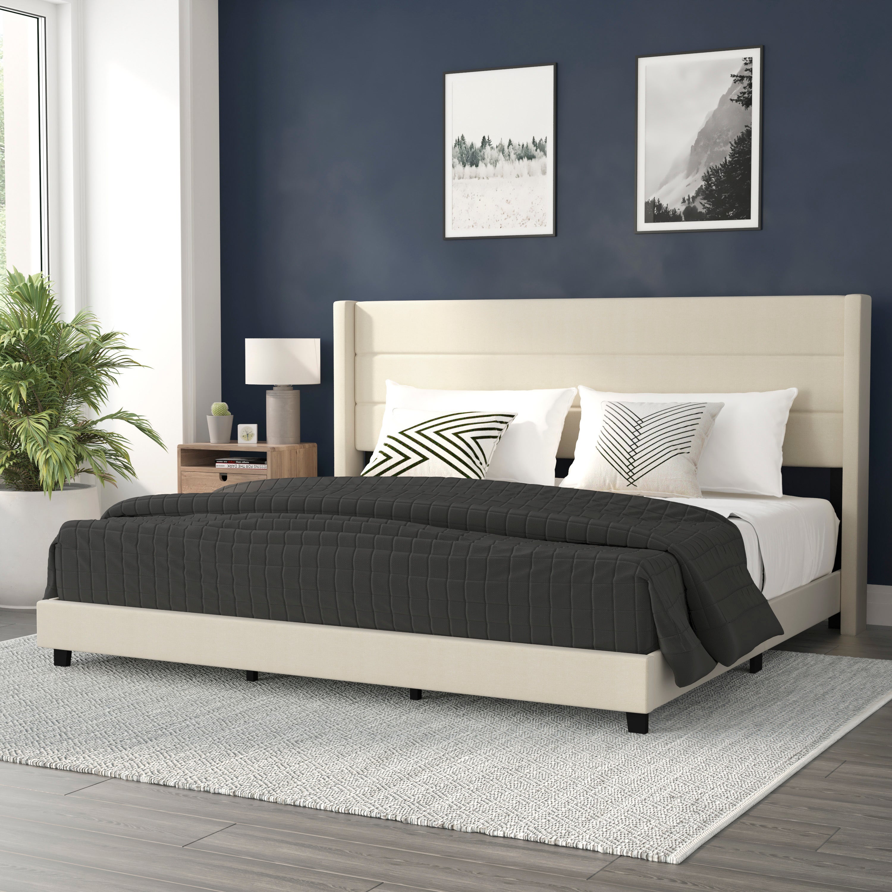 Hollis Upholstered Platform Bed with Wingback Headboard, Mattress Foundation with Slatted Supports, No Box Spring Needed
