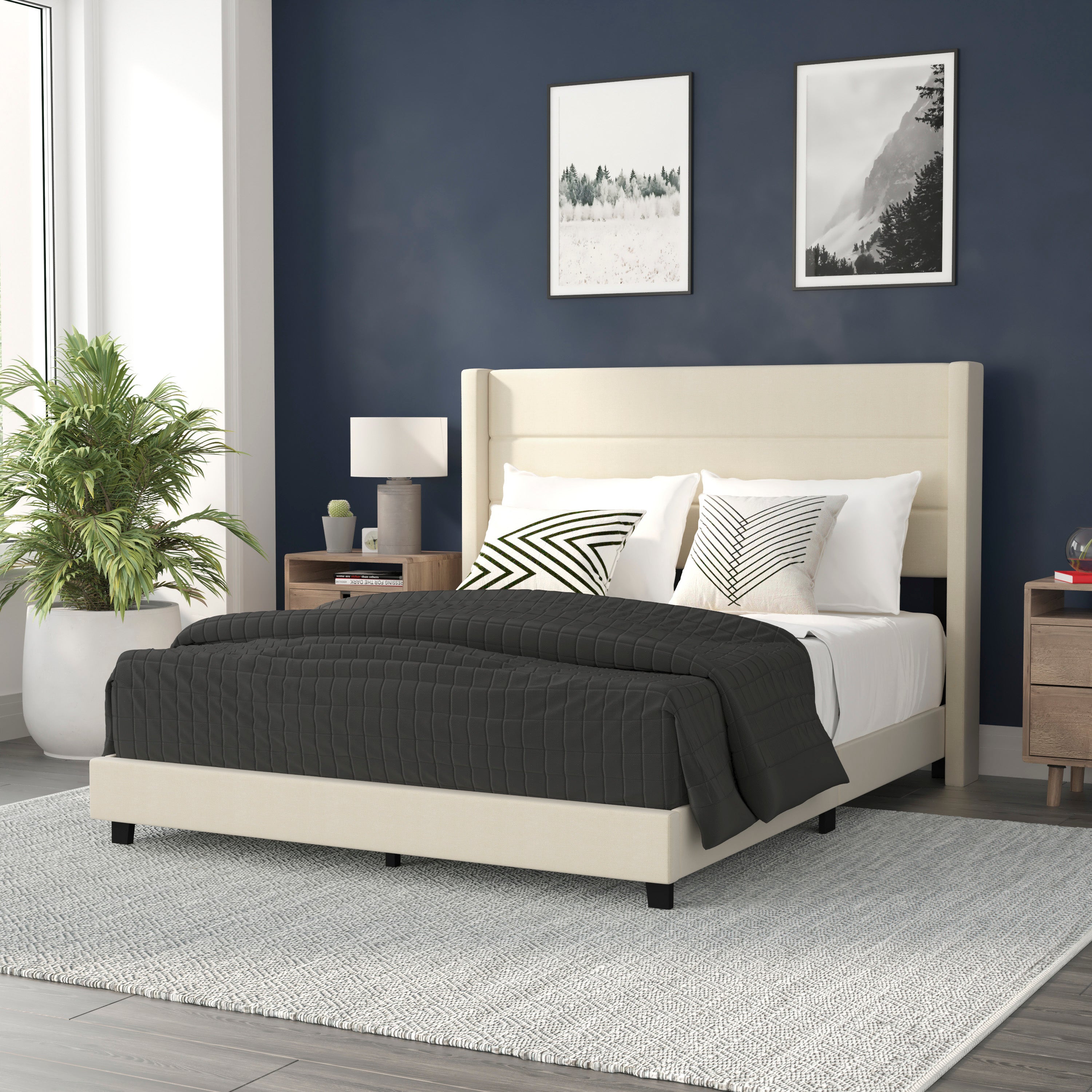 Hollis Upholstered Platform Bed with Wingback Headboard, Mattress Foundation with Slatted Supports, No Box Spring Needed