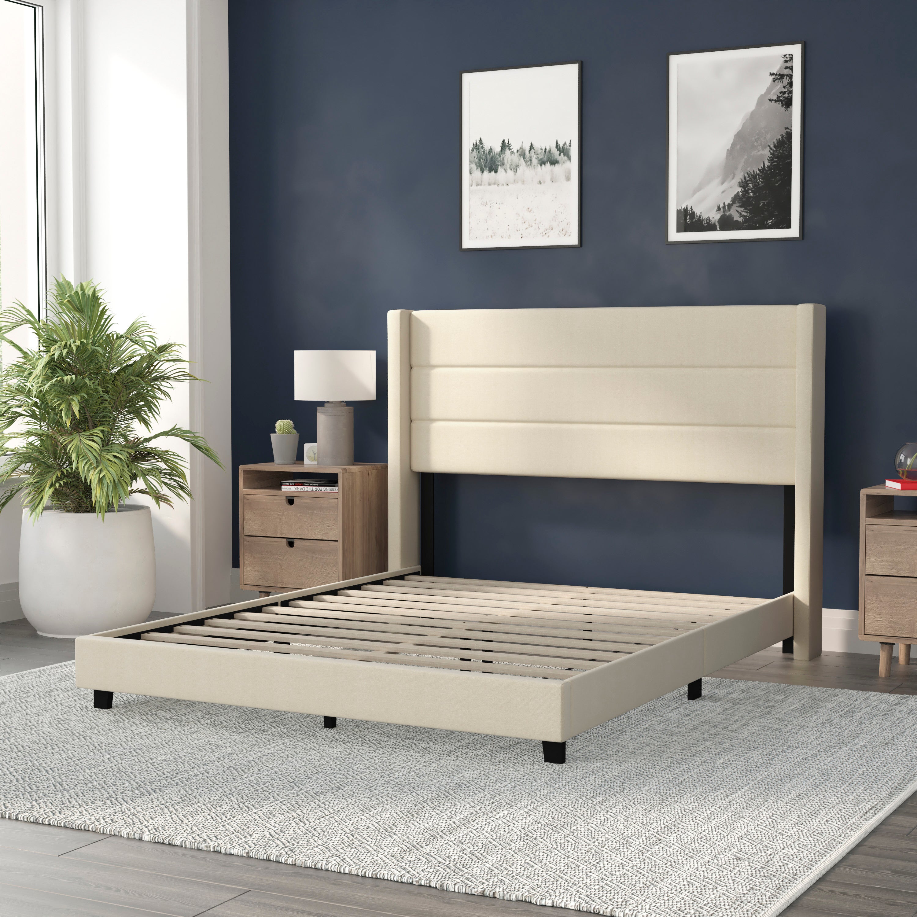 Hollis Upholstered Platform Bed with Wingback Headboard, Mattress Foundation with Slatted Supports, No Box Spring Needed