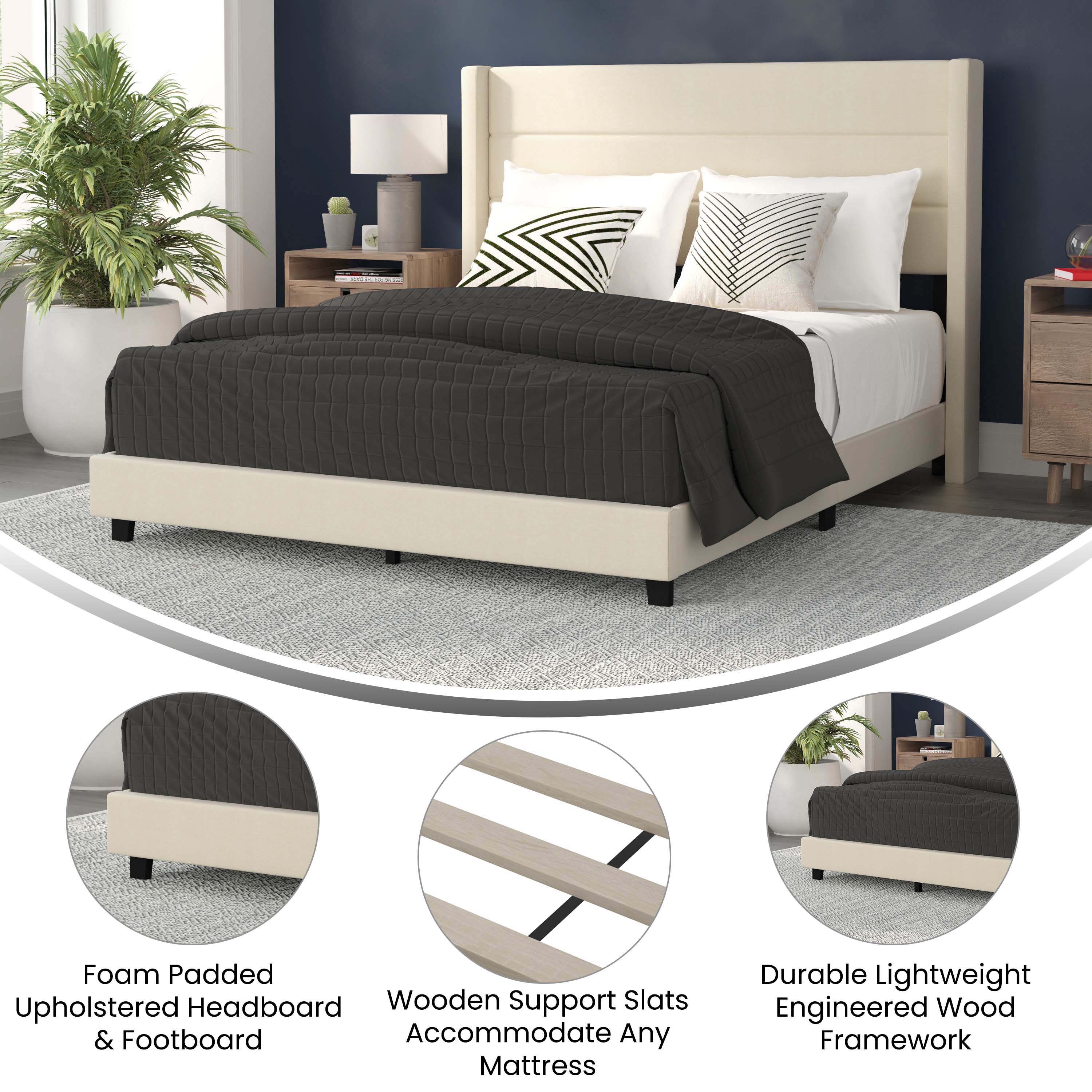 Hollis Upholstered Platform Bed with Wingback Headboard, Mattress Foundation with Slatted Supports, No Box Spring Needed