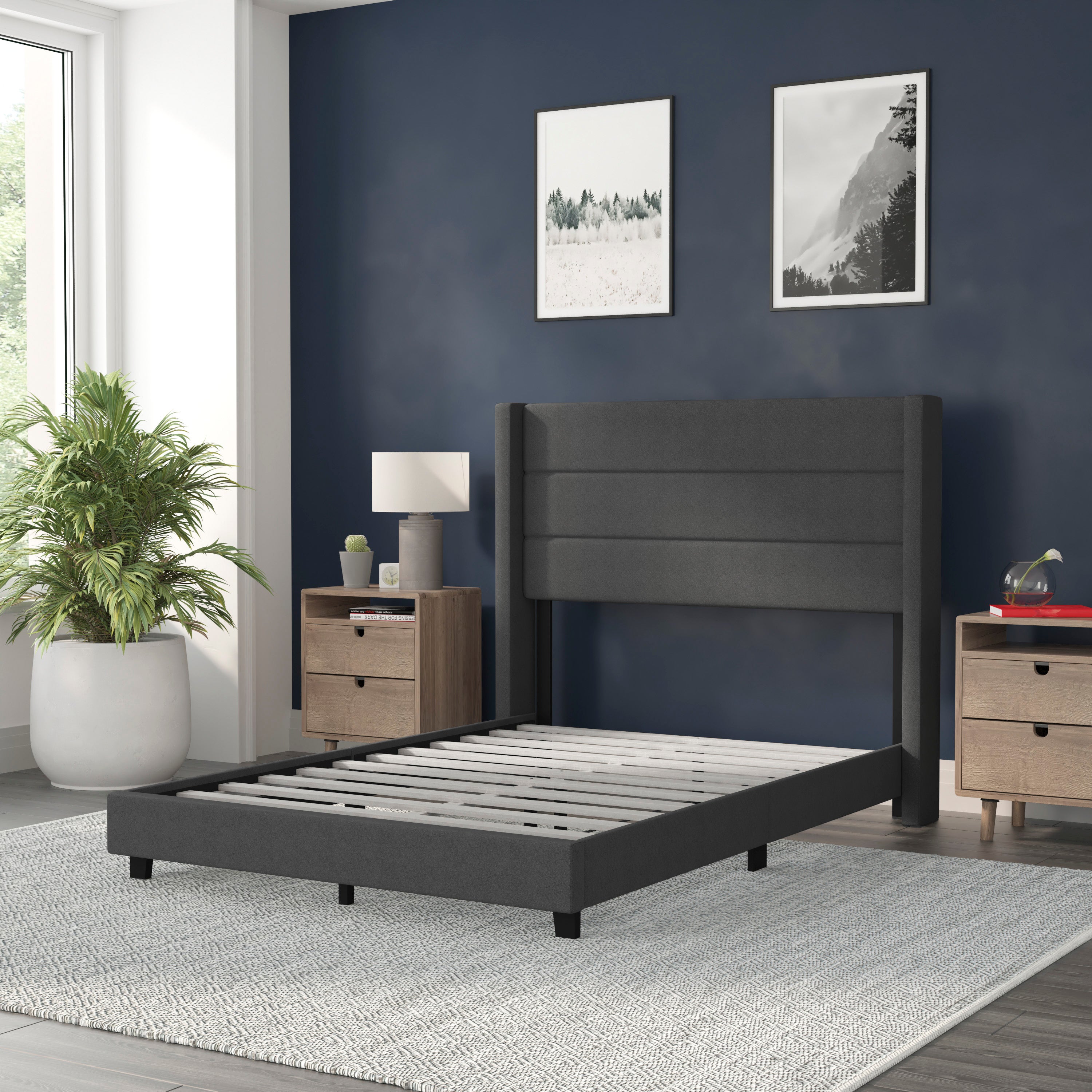 Hollis Upholstered Platform Bed with Wingback Headboard, Mattress Foundation with Slatted Supports, No Box Spring Needed