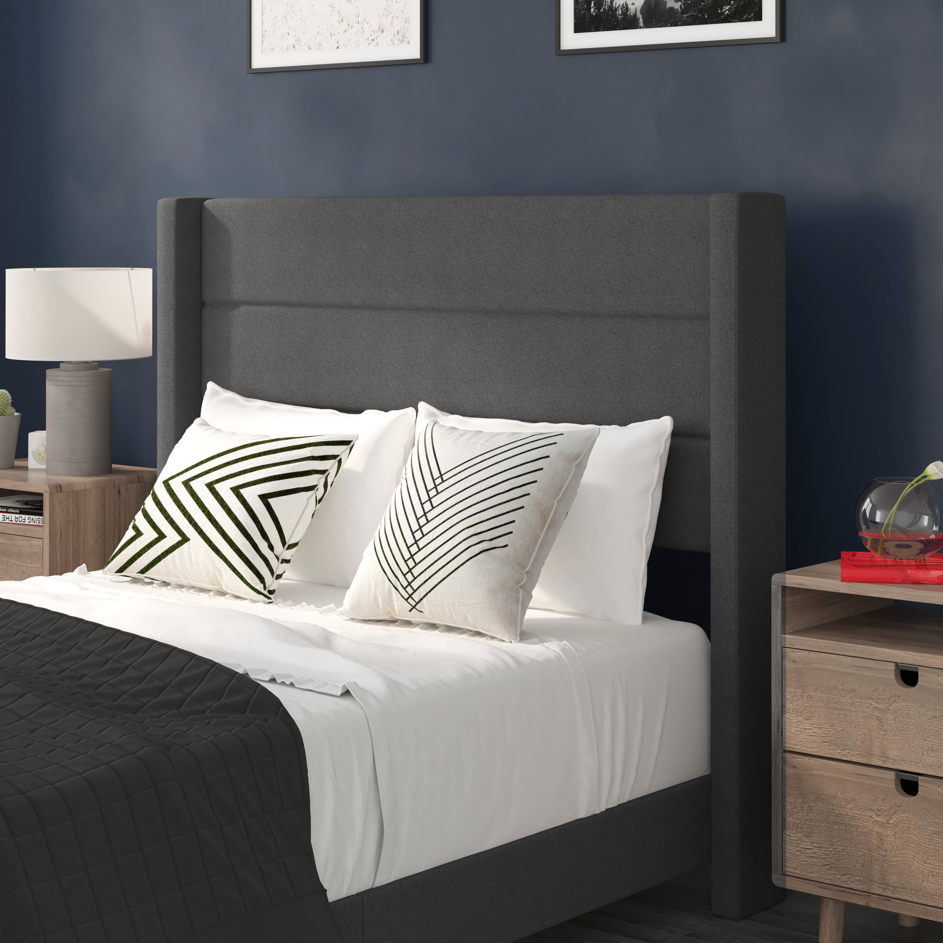 Hollis Upholstered Platform Bed with Wingback Headboard, Mattress Foundation with Slatted Supports, No Box Spring Needed