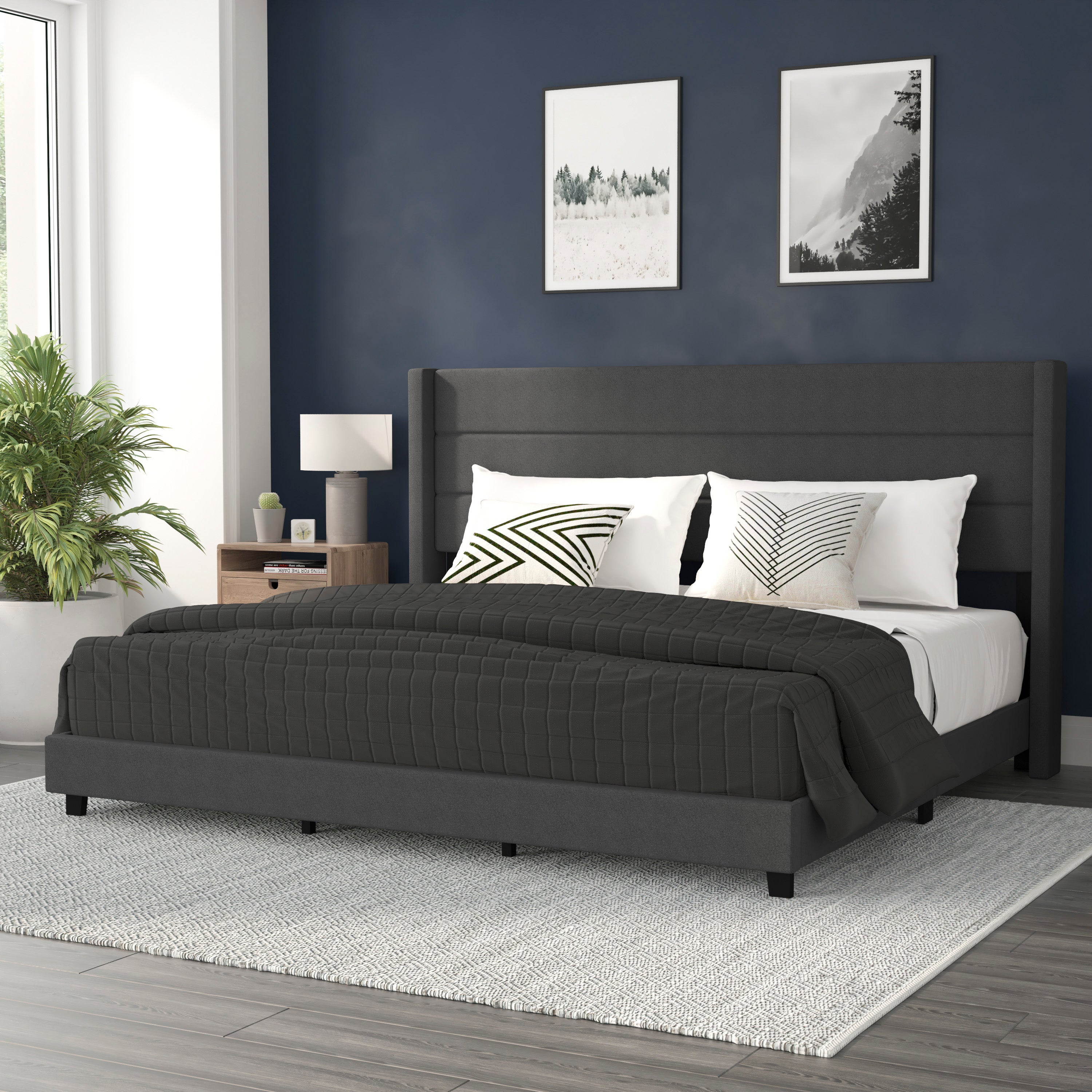 Hollis Upholstered Platform Bed with Wingback Headboard, Mattress Foundation with Slatted Supports, No Box Spring Needed