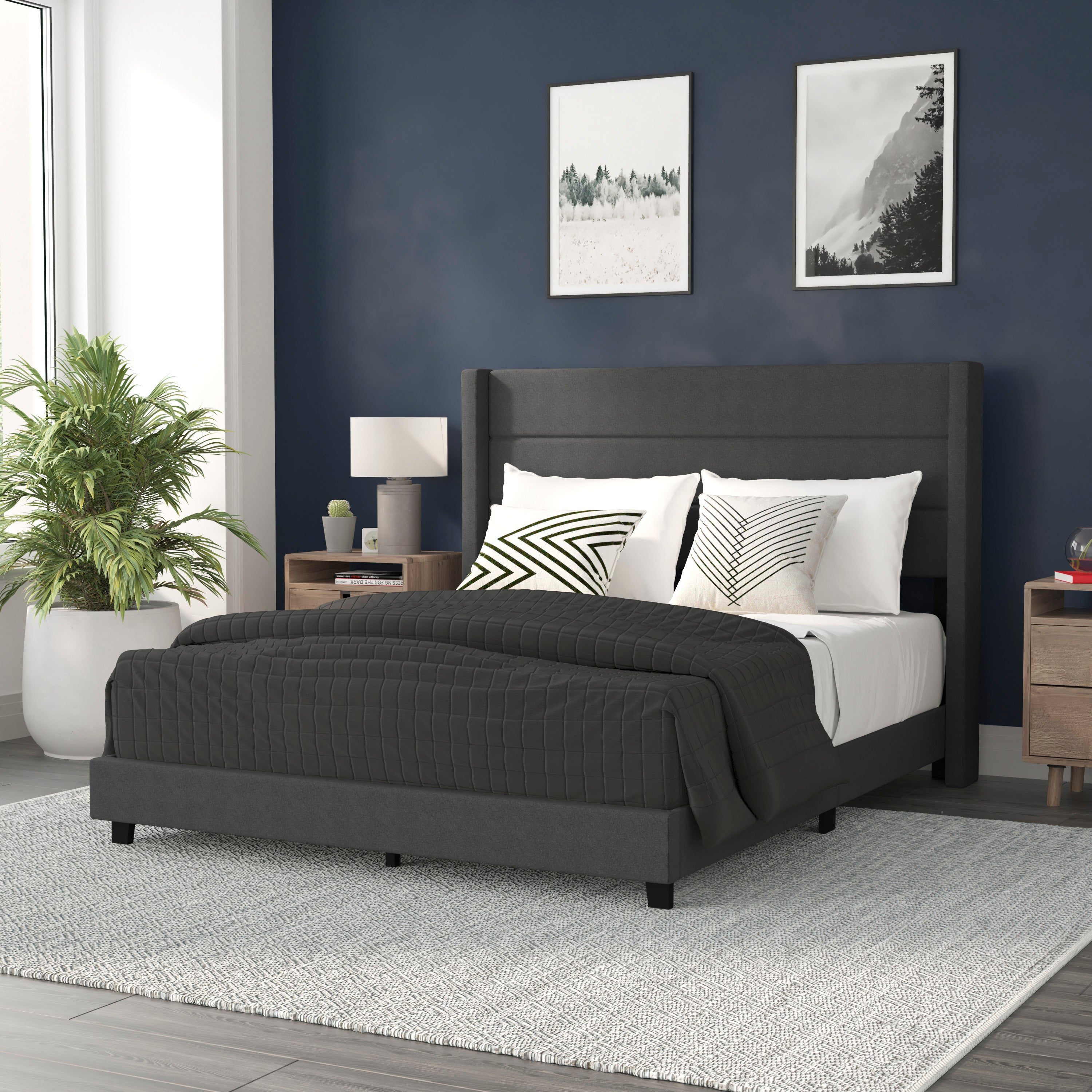Hollis Upholstered Platform Bed with Wingback Headboard, Mattress Foundation with Slatted Supports, No Box Spring Needed-Bed-Flash Furniture-Wall2Wall Furnishings