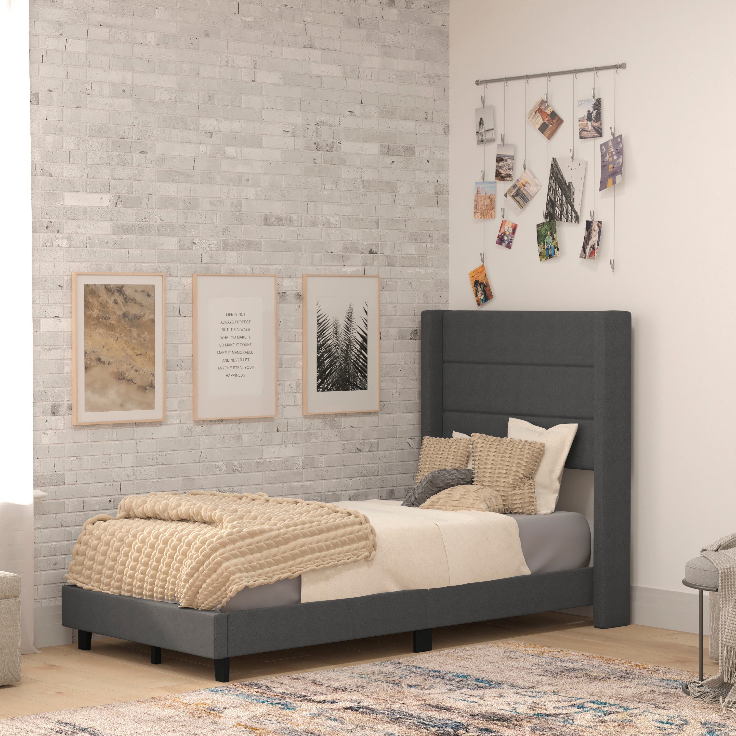 Hollis Upholstered Platform Bed with Wingback Headboard, Mattress Foundation with Slatted Supports, No Box Spring Needed