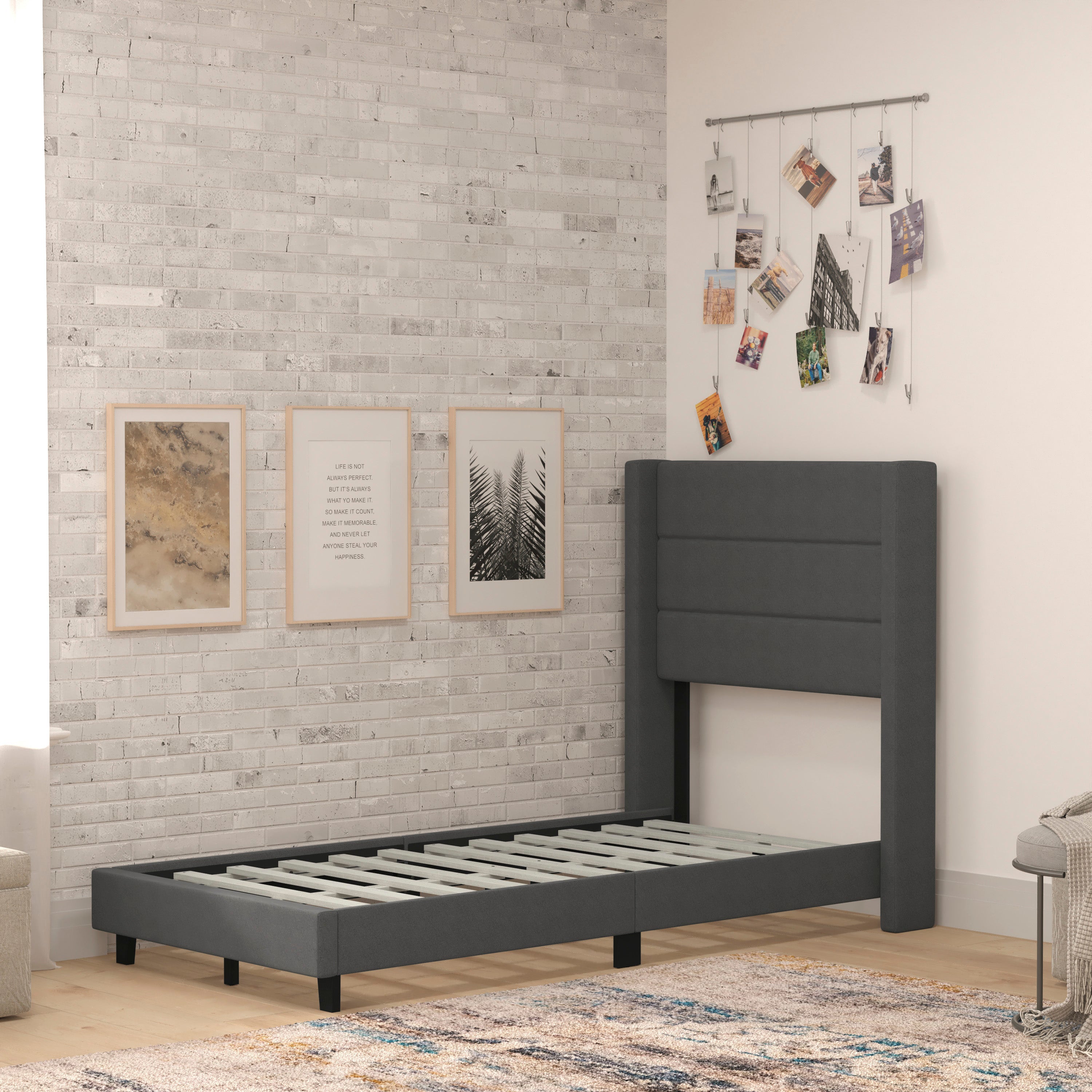 Hollis Upholstered Platform Bed with Wingback Headboard, Mattress Foundation with Slatted Supports, No Box Spring Needed