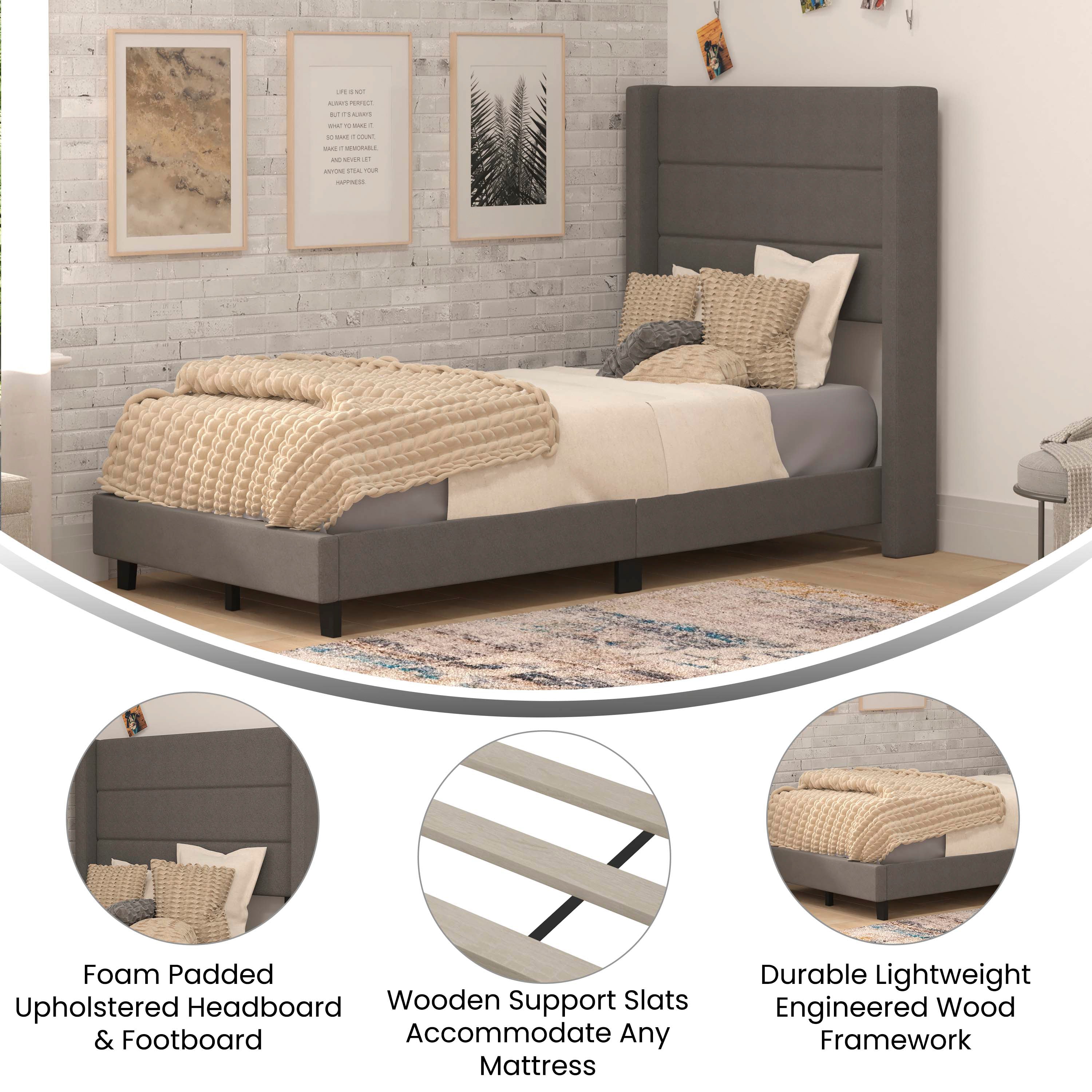 Hollis Upholstered Platform Bed with Wingback Headboard, Mattress Foundation with Slatted Supports, No Box Spring Needed