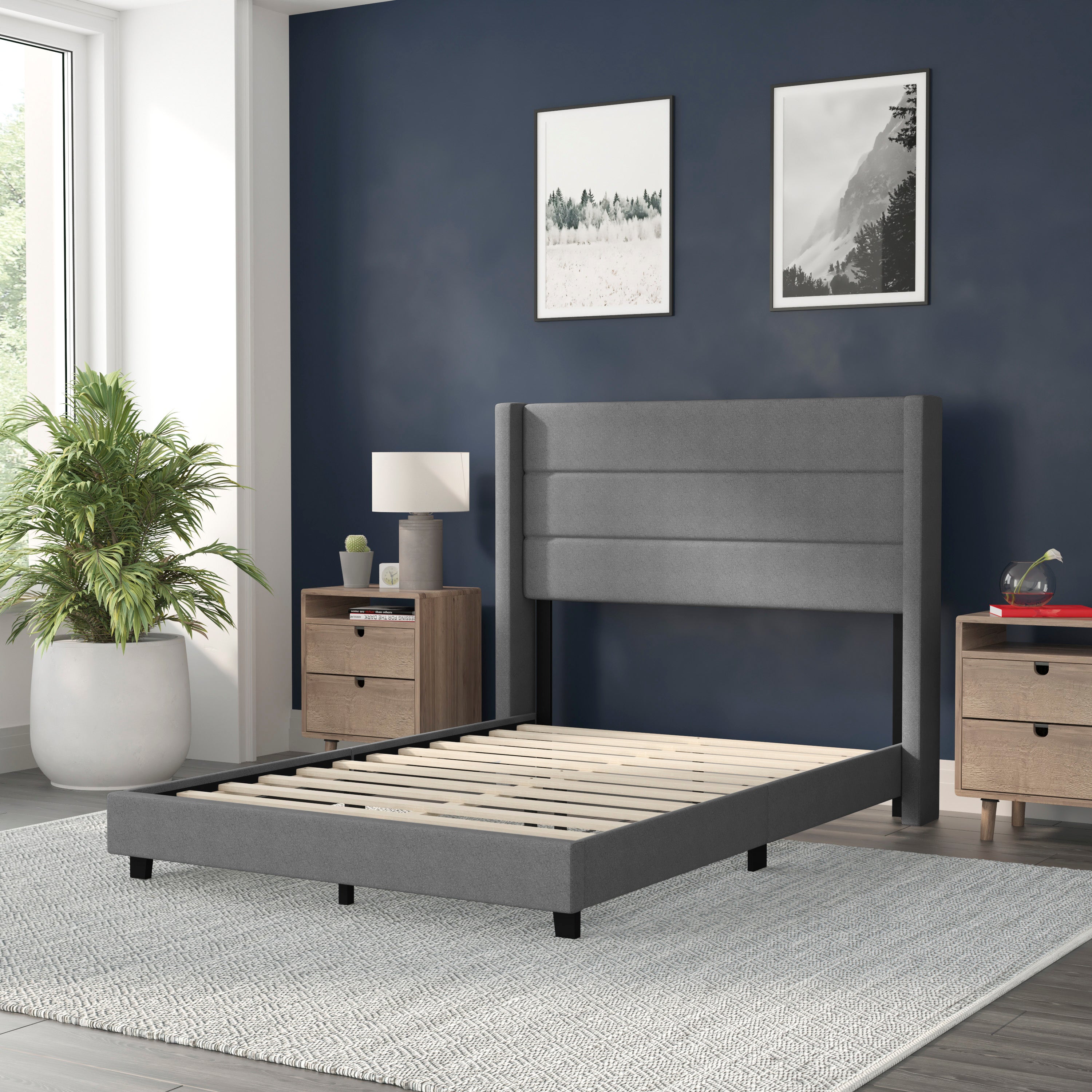 Hollis Upholstered Platform Bed with Wingback Headboard, Mattress Foundation with Slatted Supports, No Box Spring Needed