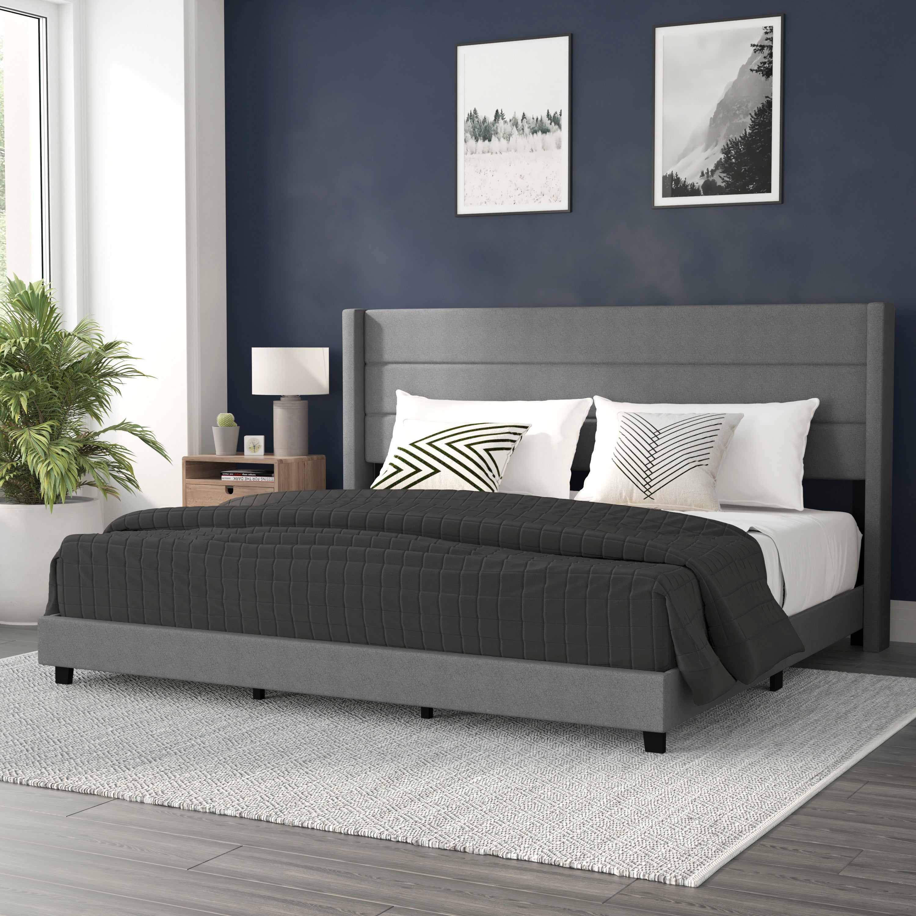 Hollis Upholstered Platform Bed with Wingback Headboard, Mattress Foundation with Slatted Supports, No Box Spring Needed