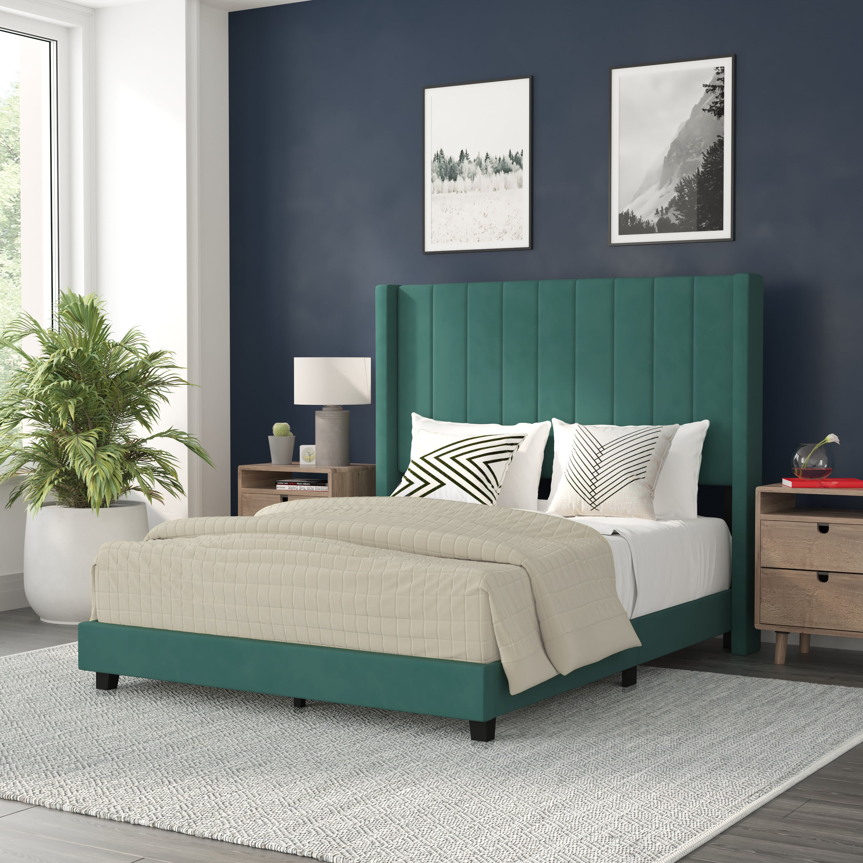 Bianca Upholstered Platform Bed with Vertical Stitched Wingback Headboard, Slatted Mattress Foundation, No Box Spring Needed-Bed-Flash Furniture-Wall2Wall Furnishings