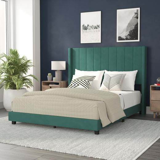 Bianca Upholstered Platform Bed with Vertical Stitched Wingback Headboard, Slatted Mattress Foundation, No Box Spring Needed